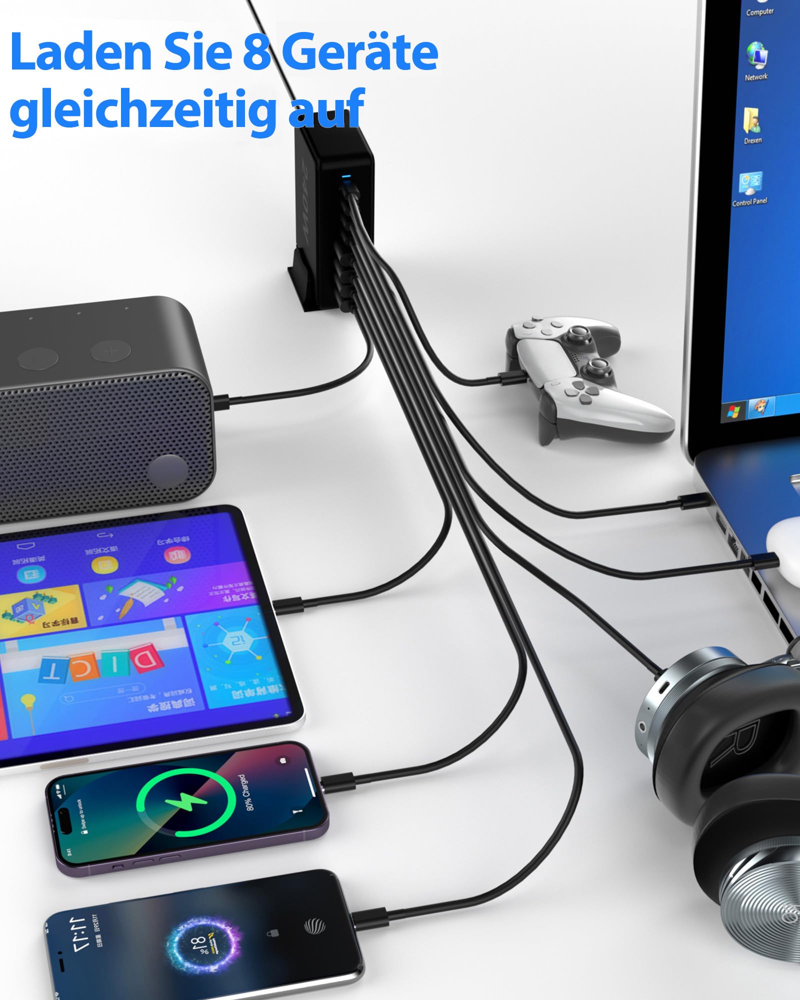 Ładowarka USB C, wielokrotna: 440 W, ładowarka PD/QC 3.0, szybka ładowarka do smartfonów, laptopów, tabletów (440 W, czarna)