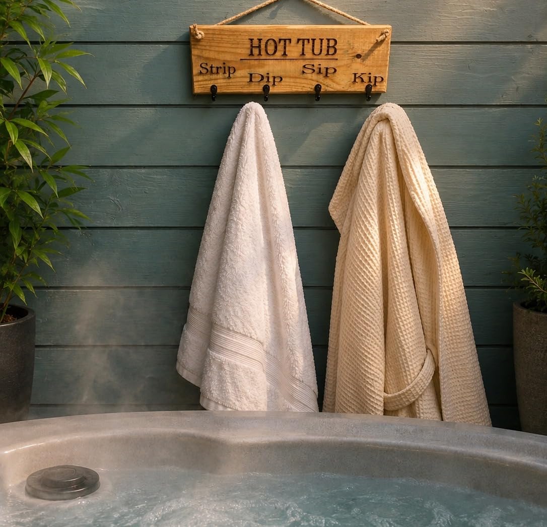 Hot Tub Towel & Robe Holder with 4 Hooks – Strip Dip Sip Kip Wooden Sign – Funny Hot Tub Gift