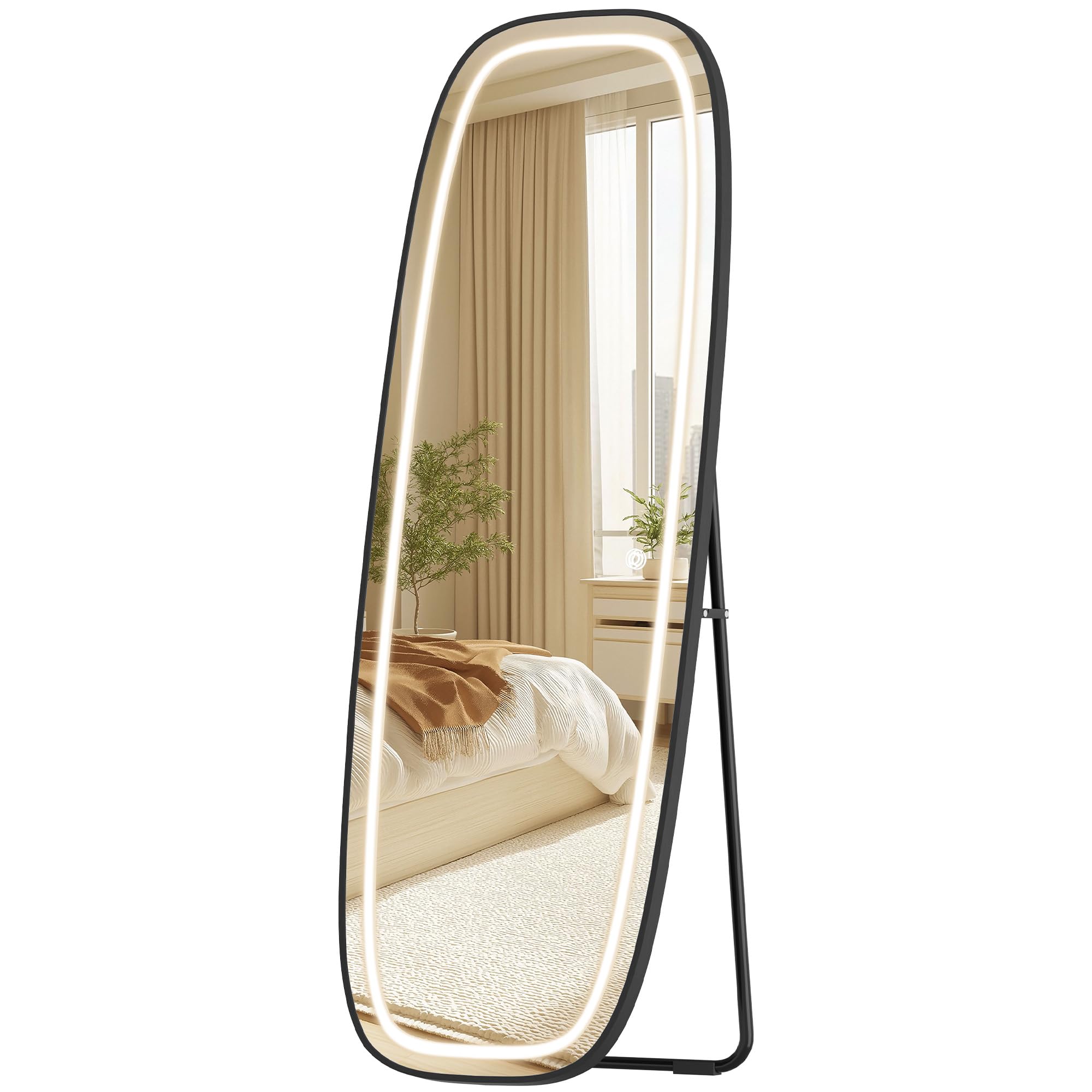 Hzuaneri Espejo de Cuerpo Entero con Luz LED, 160 x 50 cm, Espejo de Pie Curvo, Espejos de pie con Soporte, 3 Colores de luz, Brillo Ajustable, Ideal para Dormitorio o Salon, Negro DM41801B