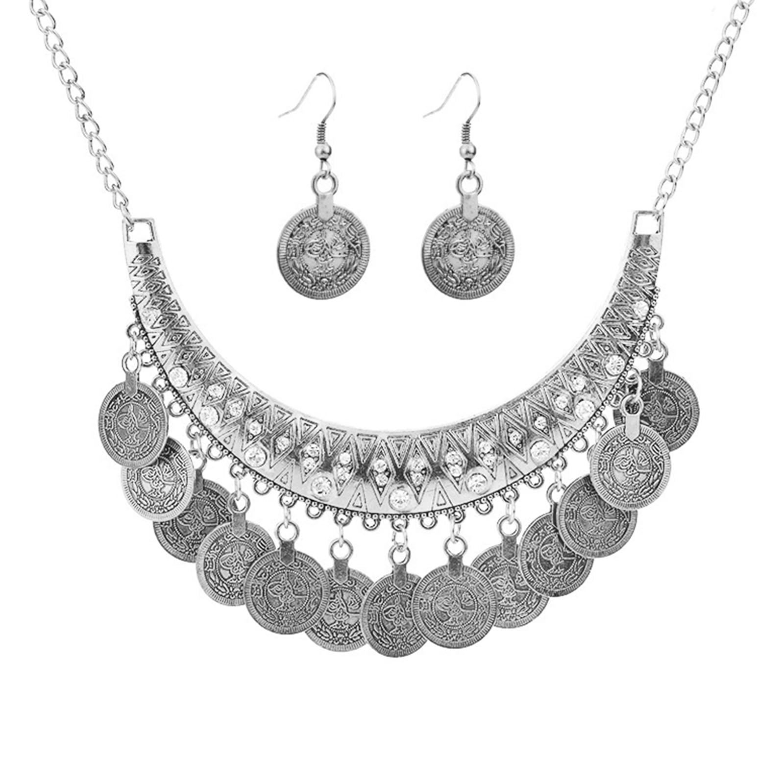 TaichellGypsy Costume Accessories Ethnic Bib Chunky Festival Statement Gold Coin Necklace and Earrings Set Jewelry for Women