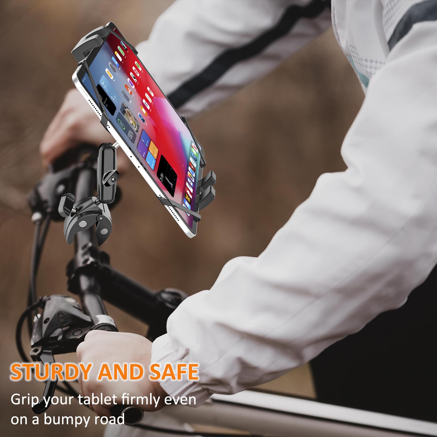 Soporte Tablet Motocicleta Bicicleta [Muy Estable y Duradero] Soporte Tablet Barco Bici Carretera Moto Carrito de Bebe Eliptica, Abrazadera Manillar Tubo para iPad, Galaxy Tab, Móvils, 4-13"