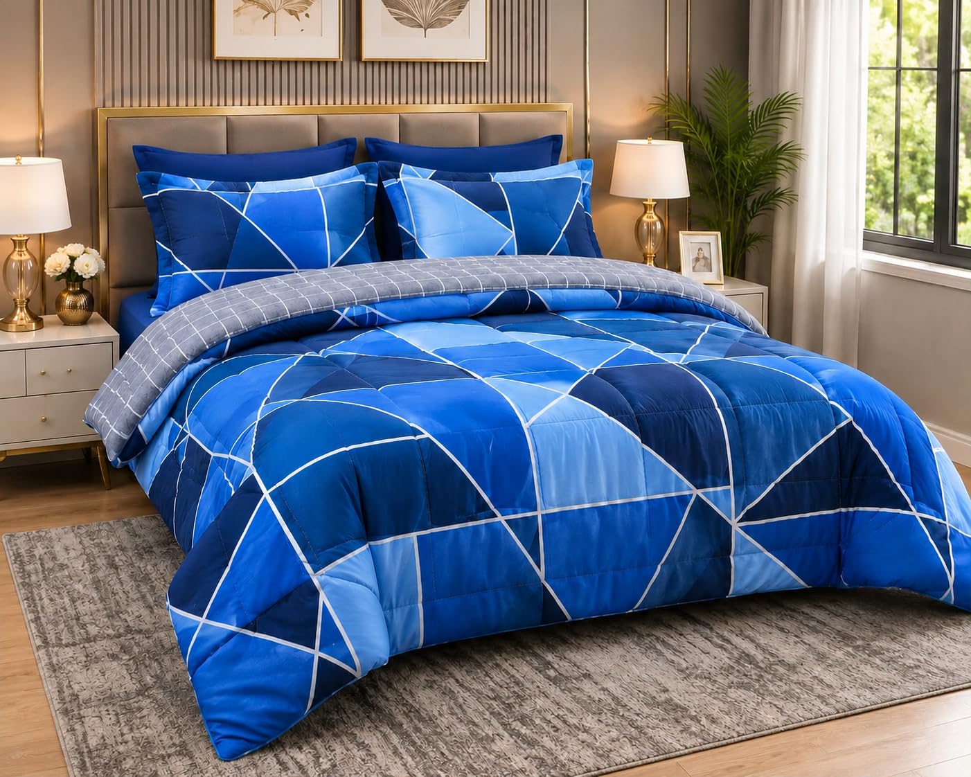 k décor King Size 4 Piece Reversible Comforter Set with 2 Pillow Covers | Blue Soft Microfiber AC Comforter | Lightweight All Season Bedding Set for Bedroom-image-9