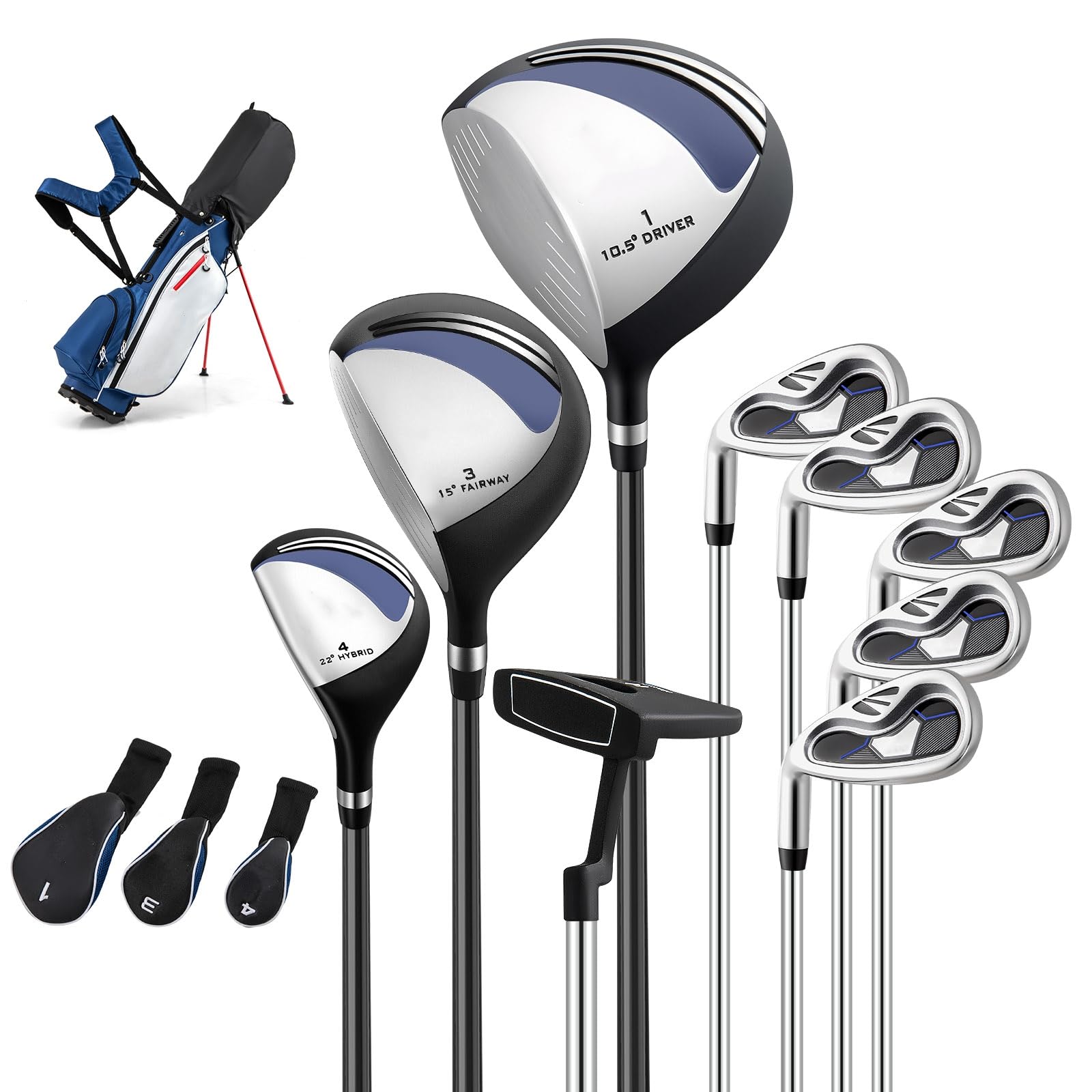LIFEZEAL Komplettes Golfset für Herren, Golfset tragbar rechts, Tasche mit 7 Fächern, Putter, 3 Holz: Driver #1, Fairway #3, Hybrid #4, 5 Nadeln: #6, #7, #8, #9, Pitching Wedge