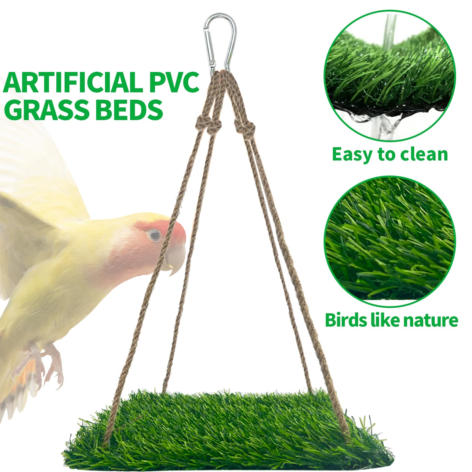 FlidRunest Large Bird Swing Toy, Bird Grass Mat Hammock Swing with Hooks, Parrot Climbing Foraging Toy for Cockatoo,Parakeets,Budgie,Sun Conure, Small to Medium 15.7x7.8 Inches