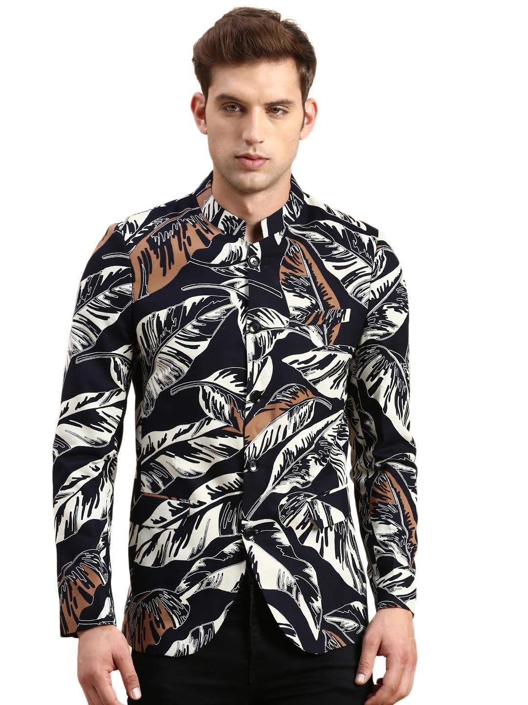 SHOWOFF Men's Printed Mandarin Collar Slim Fit Bandhgala Navy Blue Blazer-SOBLZ-79-1_NavyBlue-image-11