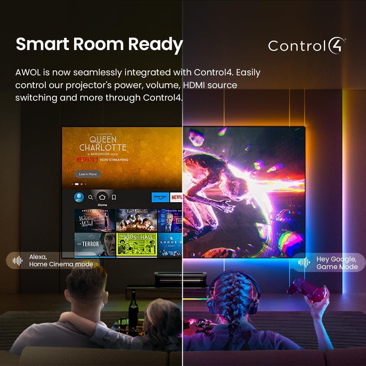 Projector displaying content with smart home integration logos for Alexa, Google Home, and Control4