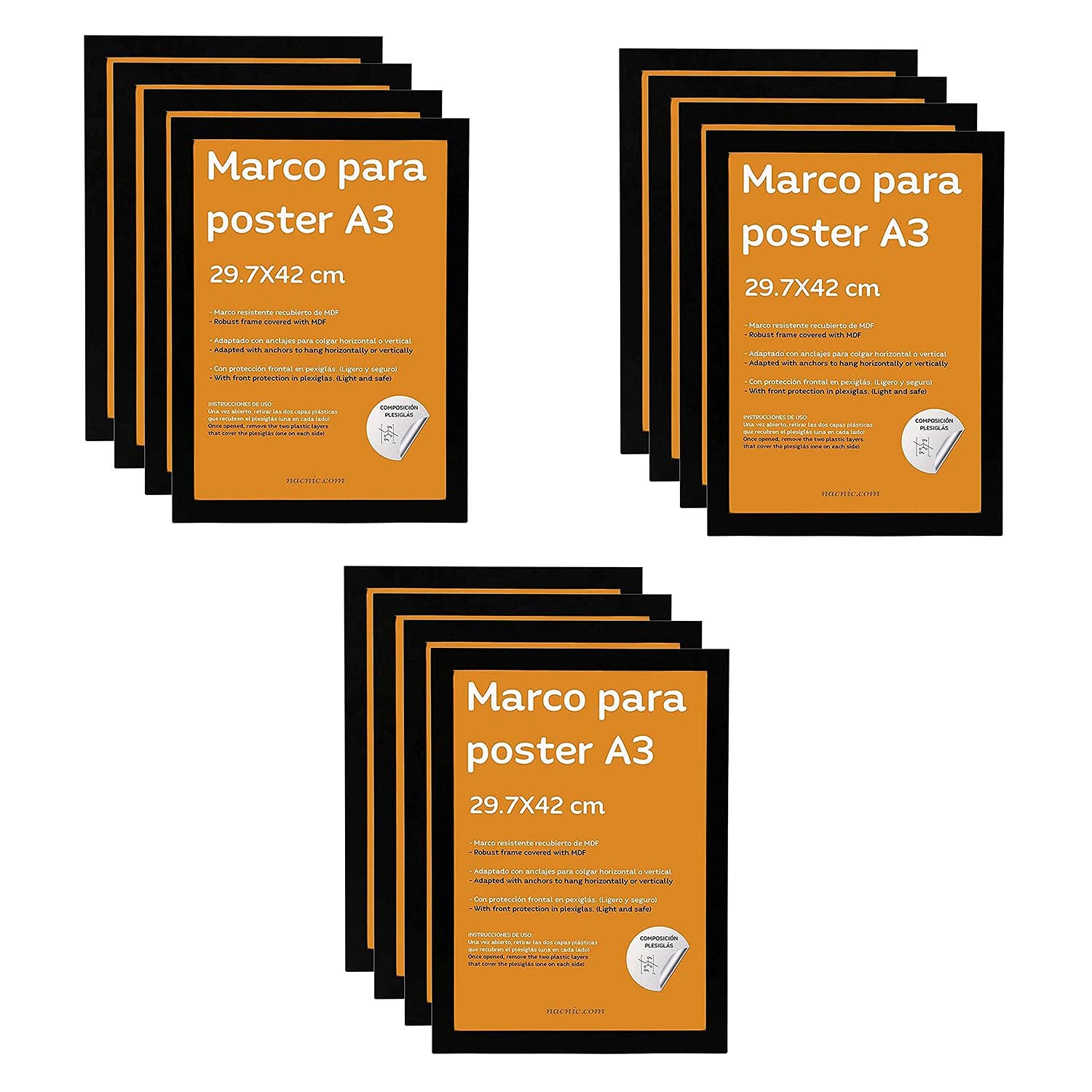 Nacnic - Pack 12 Marcos de Madera MDF Negro y Vidrio Acrílico | Protección y Expositor de Fotografías, Láminas, Pósters, Cuadros y Decoración para Salón, Dormitorio u Oficina | A3 (29,7x42 cm)