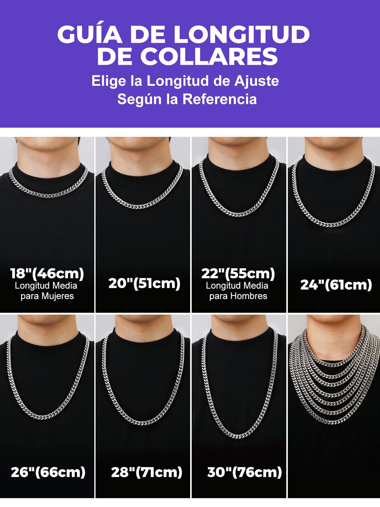 Richsteel Cadena Cubana Collar Hombre Acero Inoxidable 5mm/7mm/9mm/12mm Ancho Cadenas Eslabones Cubanos con Cierre de Presión Joyas de Hombres Mujeres 46cm-76cm Disponible