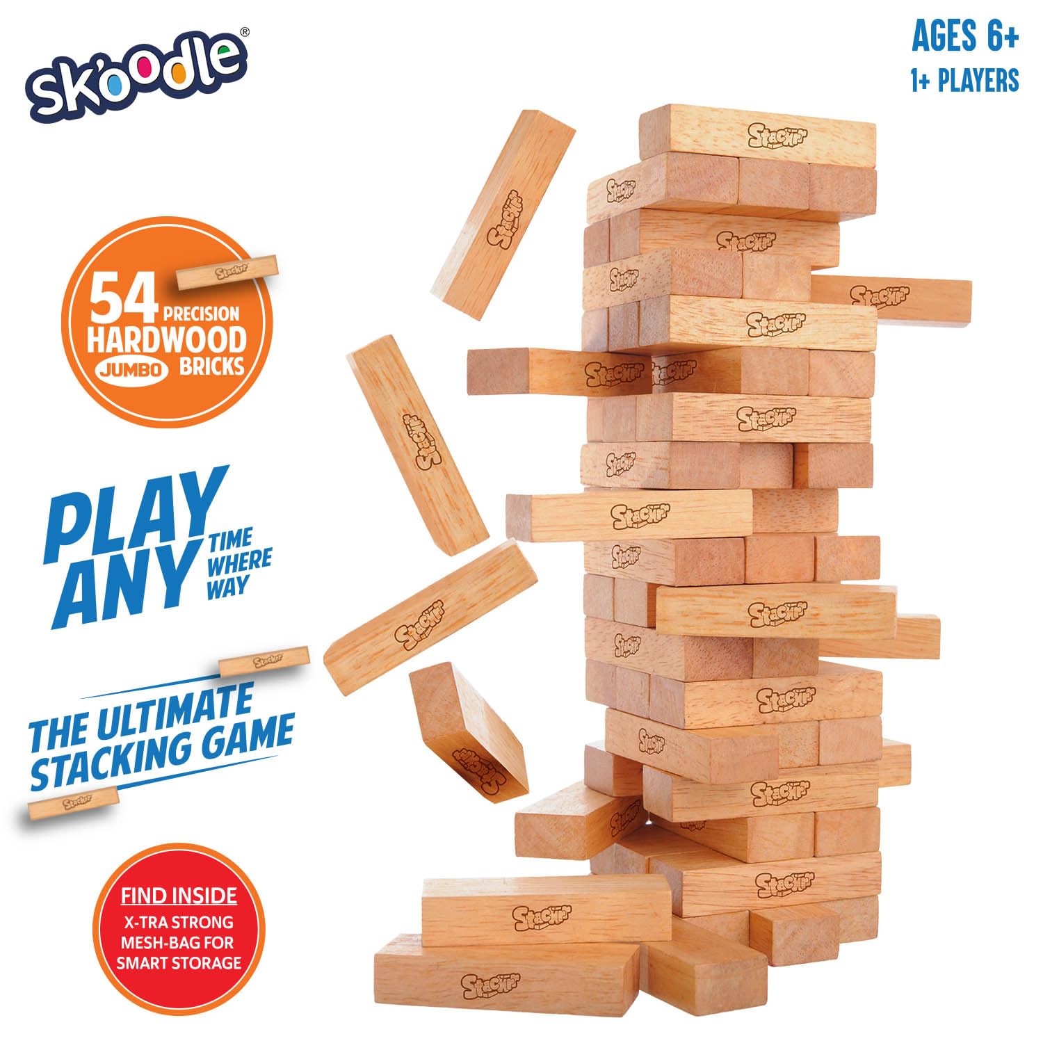 SKOODLE Stackrr Tumbling Tower Tabletop Game With 54 Precision Wooden Blocks Of Premium Beachwood, Fun Game For Adults And Kids, 1 Or More Players (Giant) 3