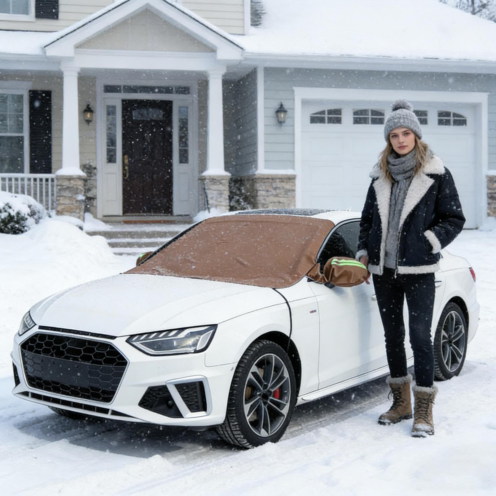 Housse Pare-brise Neige pour Voiture Imperméable Cuir PU Anti-Poussière