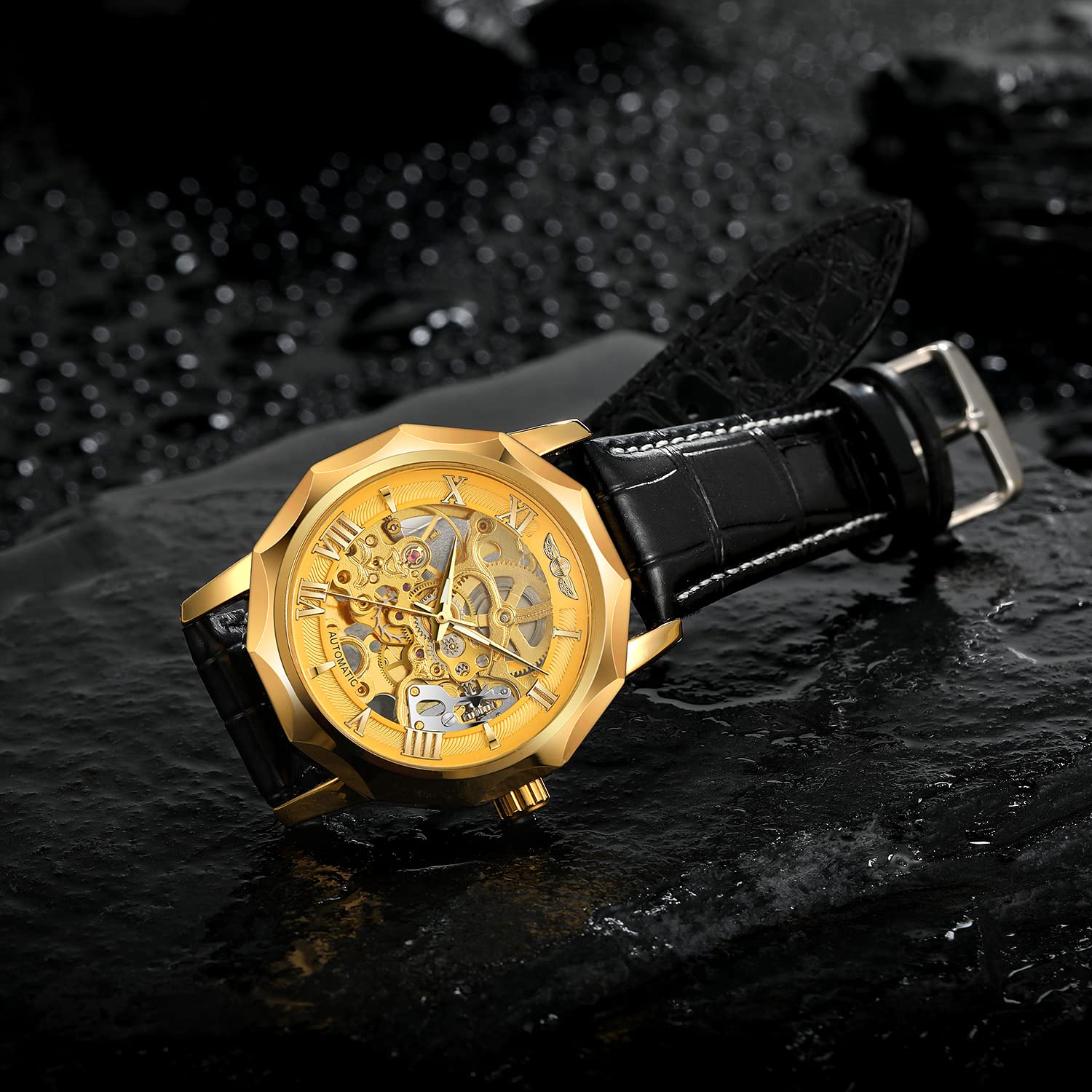 FORSINING Herren-Armbanduhr, automatisch, mechanisch, Dodekagon, Skelett, römische Ziffern, echtes Lederband, Tourbillon-Armbanduhr