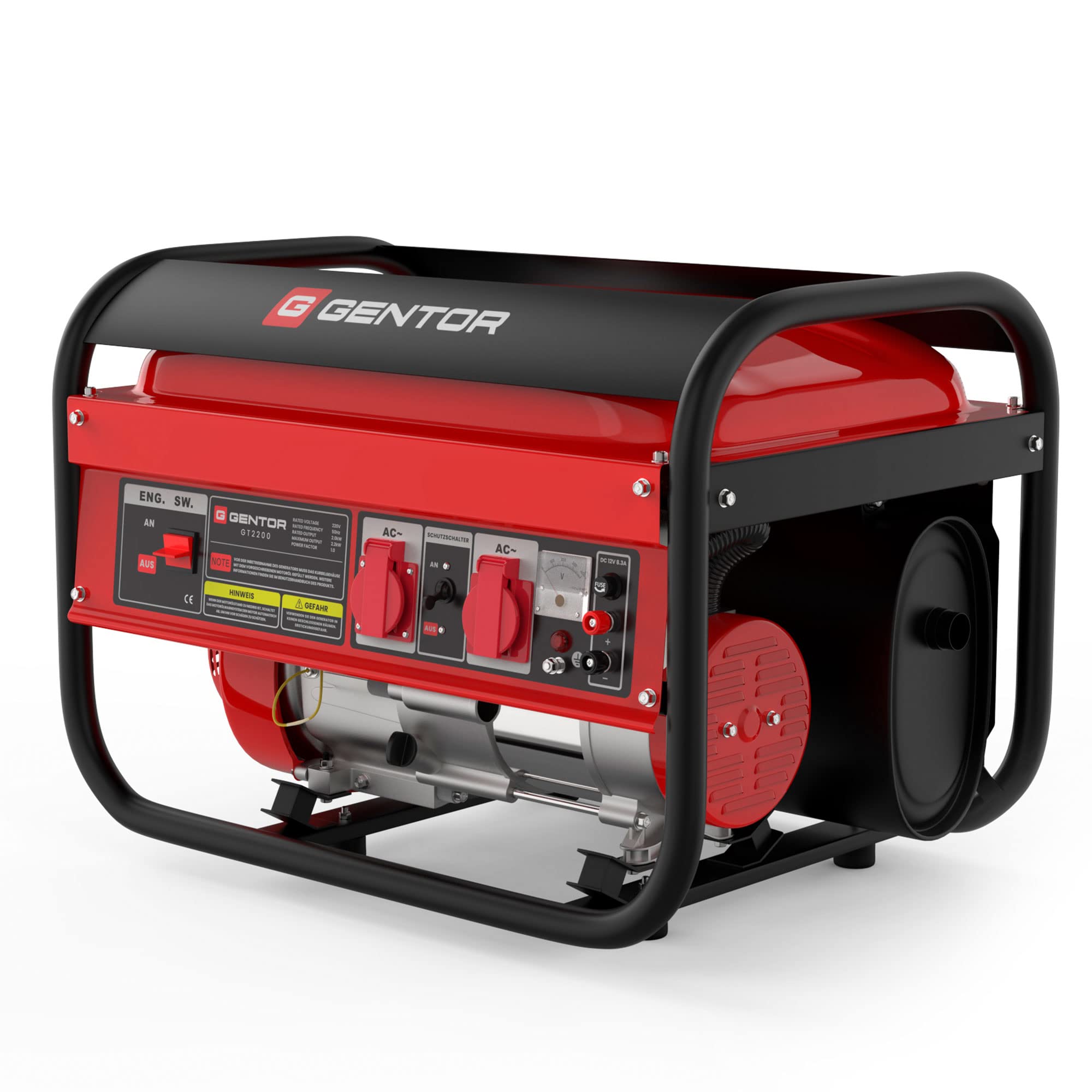 GENTOR generator prądu awaryjnego benzyna cichy 2200 Watt 6.5HP, generatory prądu 4-suwowy silnik benzynowy, 2x 230V, 1x 12V, pull-start, dla kempingu, na zewnątrz, warsztat, dom