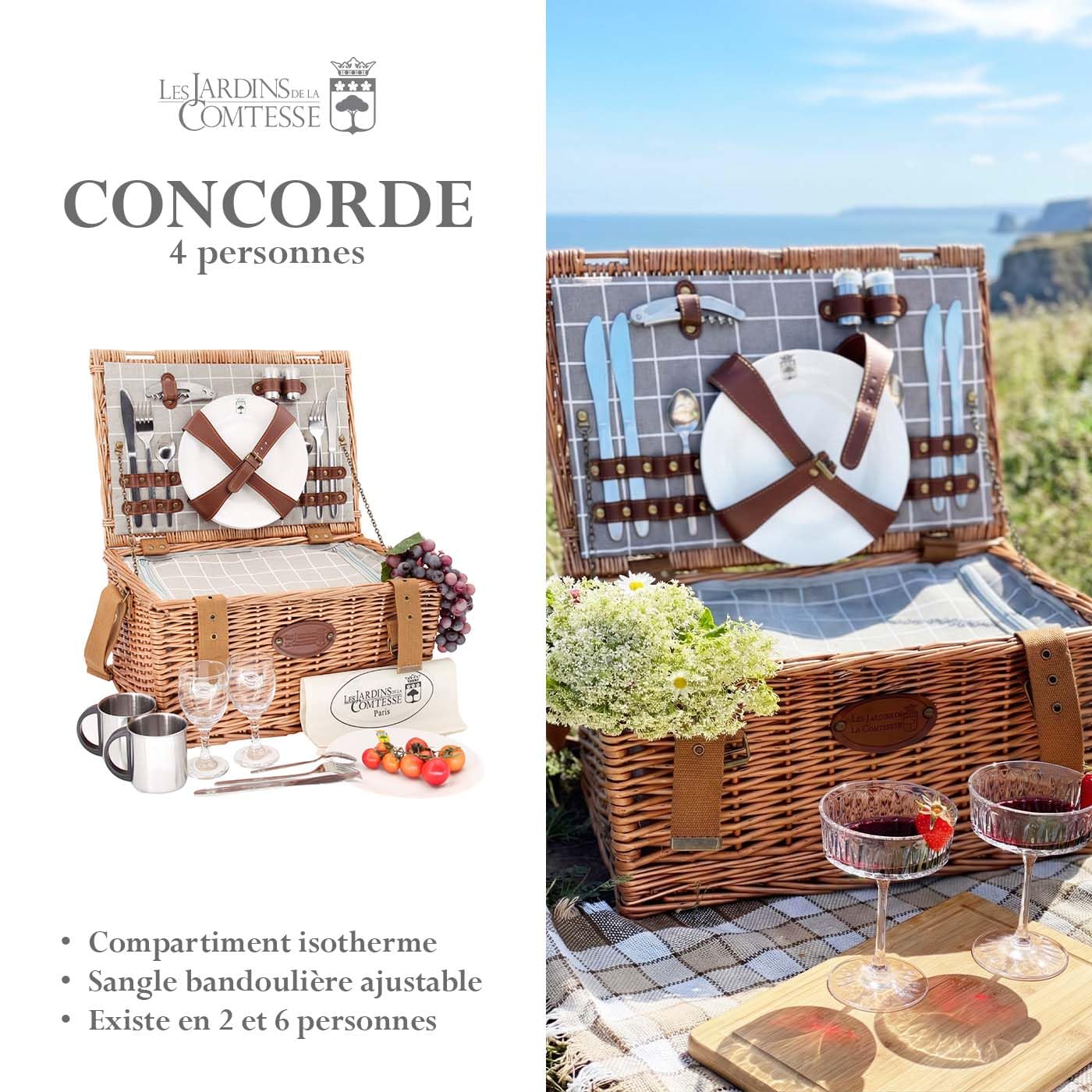 Les Jardins de la Comtesse - Panier Pique-Nique Concorde en Osier - 4 Personnes/Glacière Isotherme/Assiettes/Verres à Vin/Timbales en Aluminium - Tissu Couleur Blanc et Gris - 47 x 31 x 24 cm