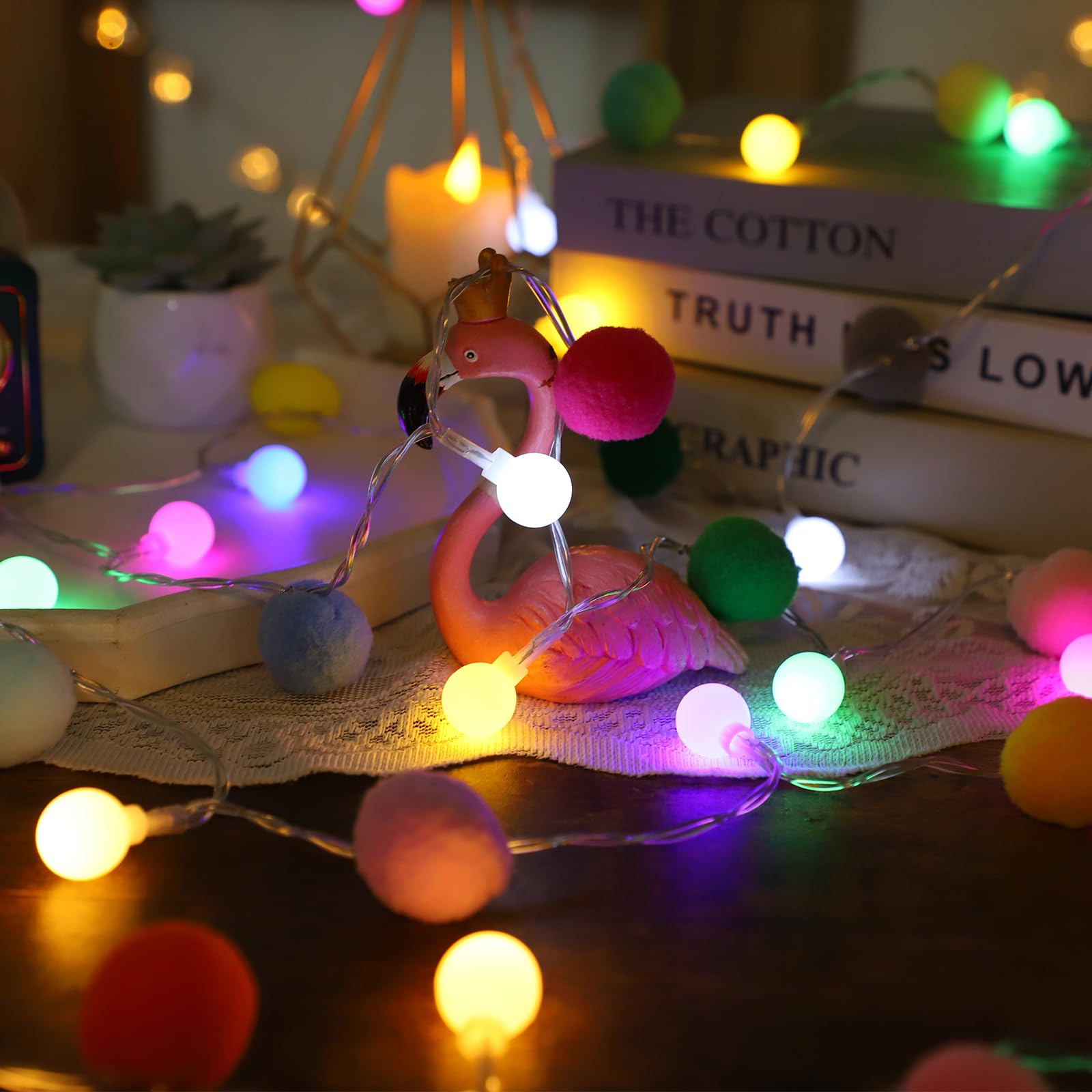 ChiRee Guirlande lumineuse de 2,5 m avec 20 pompons mignons, 20 boules colorées à DEL – Guirlande lumineuse d'intérieur à piles avec minuterie pour la maison, la chambre à coucher, la maison de jeu