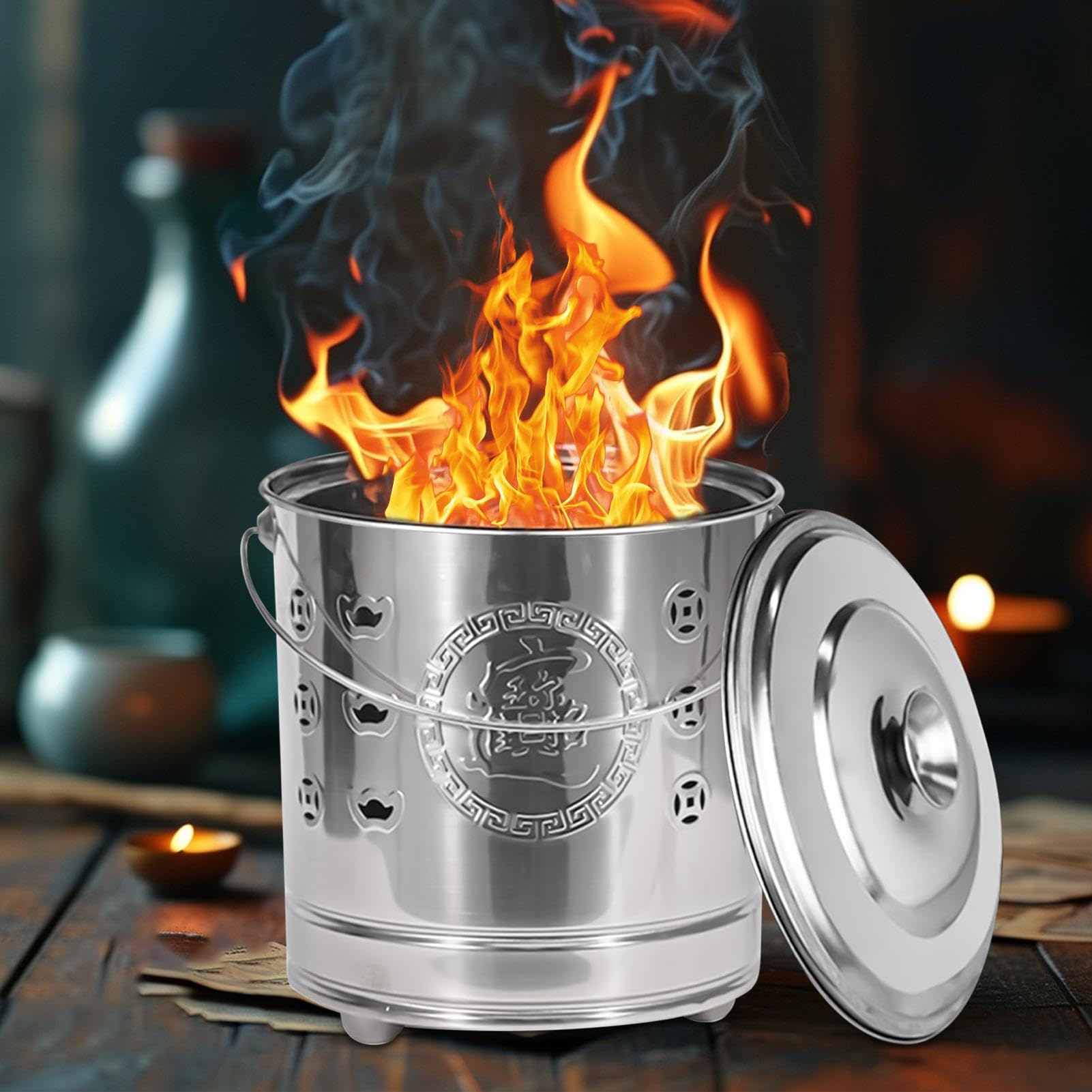 Barile Bruciatore Secchio Sicuro In Acciaio | Con Coperchio, Gancio Fuoco E Braciere Rivestito Per Rifiuti Da Giardino, Legna, Spazzatura, Falò, Braciere, Giardino, Patio