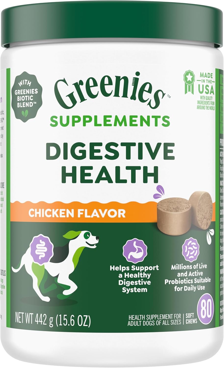 Greenies Supplements Digestive Health Probiotics for Dogs Chicken Flavor, 15.6 oz. Tub of 80 ct.