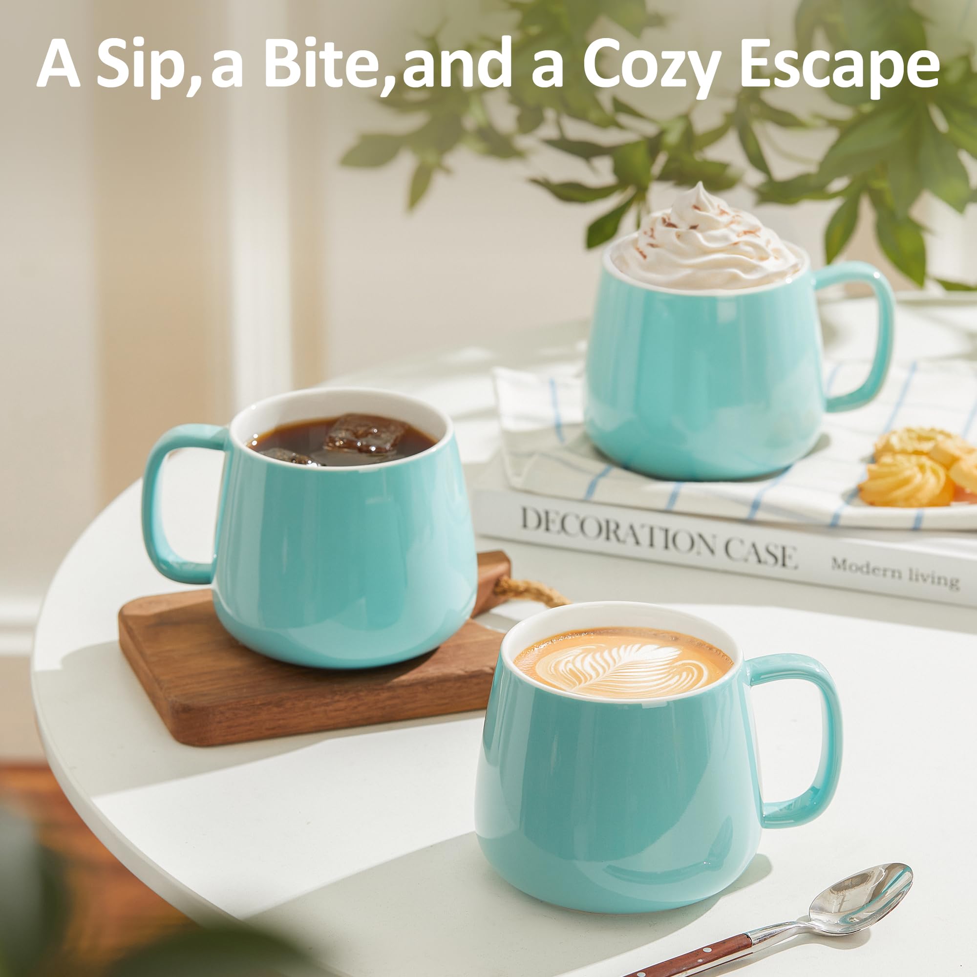 Teocera Juego de 4 tazas de café de cerámica de 473 ml, apilables, aptas para microondas, lavavajillas y horno, ideales para café, capuchino, chocolate caliente, regalos de inauguración de la casa