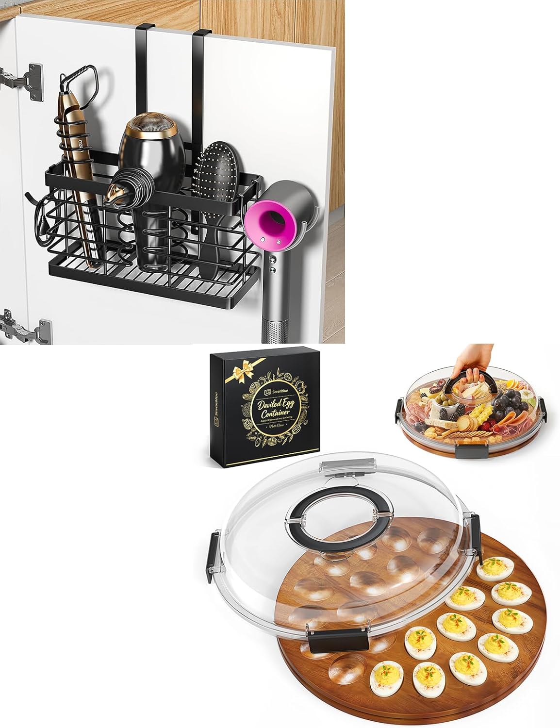 Easter Acacia Wood Deviled Egg Containers with Lid, 3-in-1 Metal Universal Hair Tool Organizer Wall Mounted/Over Cabinet Door