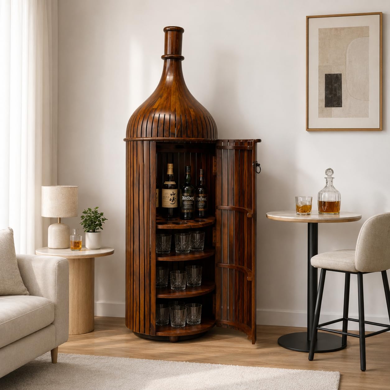 Modern Bottle Shaped Sheesham Wood Bar Cabinet with Door, Solid Wooden Liquor Storage Unit for Home Living Room Dining Area, L 25 x W 25 x H 66 Inches-image-29