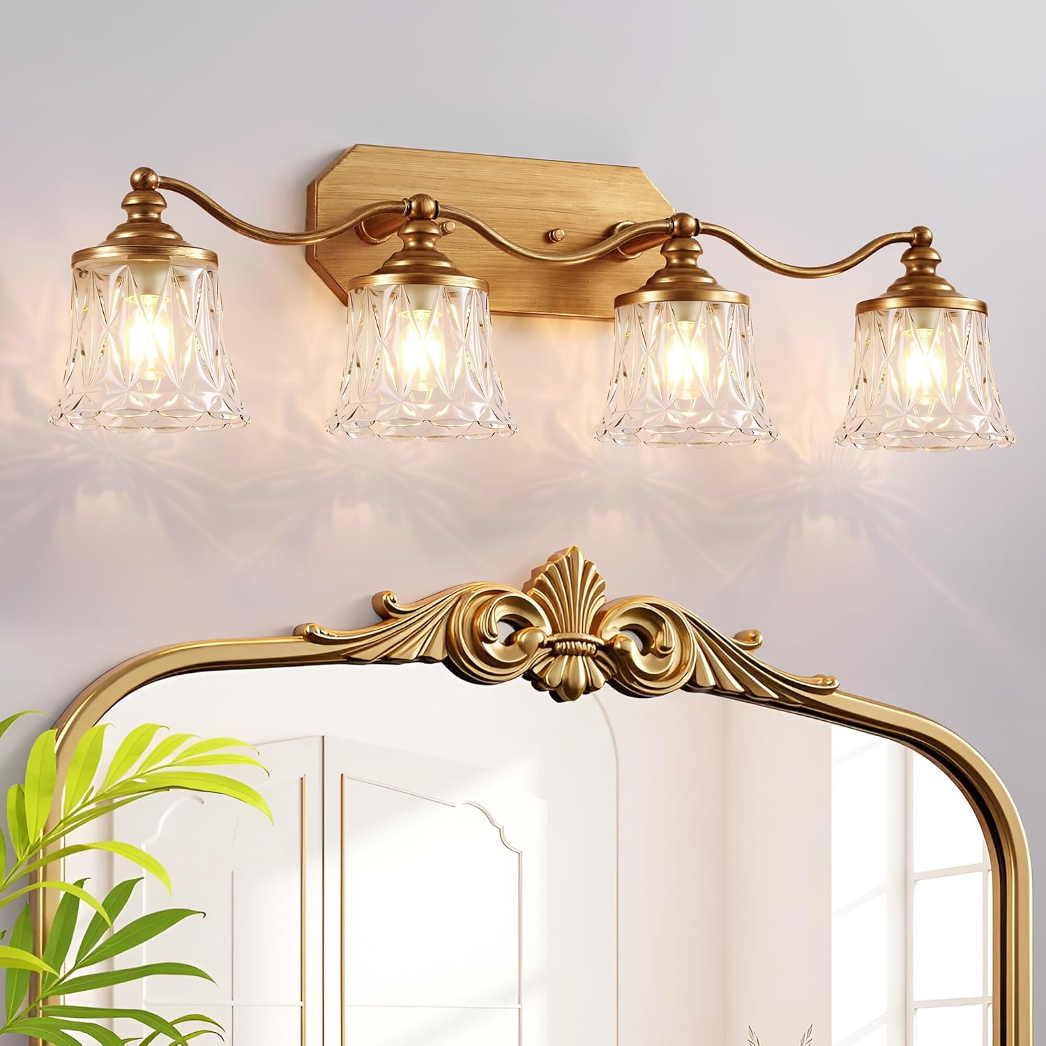maesta Gold Bathroom Light Fixtures, 4 Light Bathroom Vanity Light, Matte Antique Gold Finish with Crystal Glass Shade, Gold Vintage Vanity Light for Bathroom, Living Room, Bedroom, Hallway Gold 4 Lights