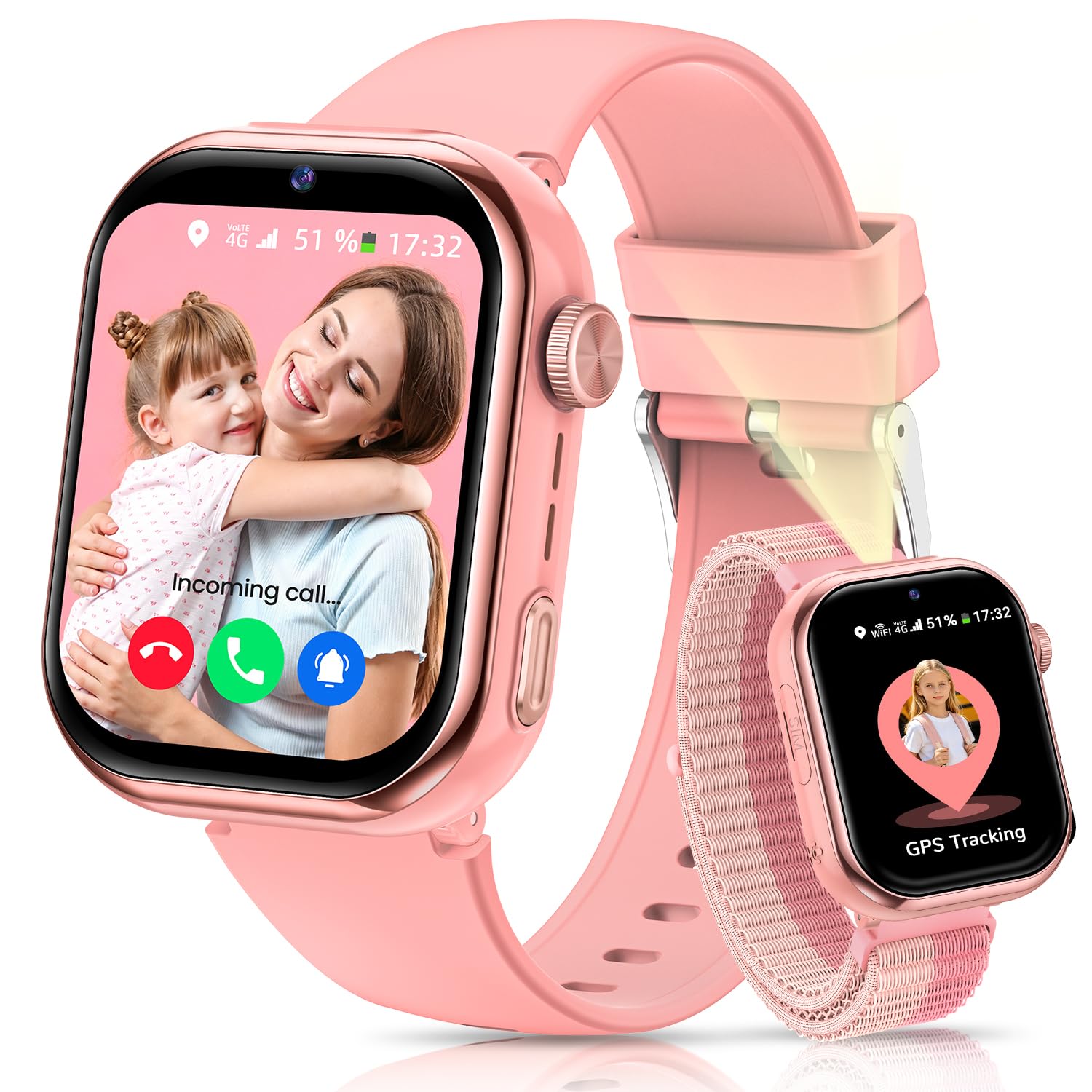 4G Reloj Inteligente Niños con gps y Videollamada, Smartwatch Niños con llamadas, Chat de Voz, SOS, Modo Escuela, Despertador, IP68, Linterna, Podómetro, Flashcard, Regalo para Niños Niñas, Rosa
