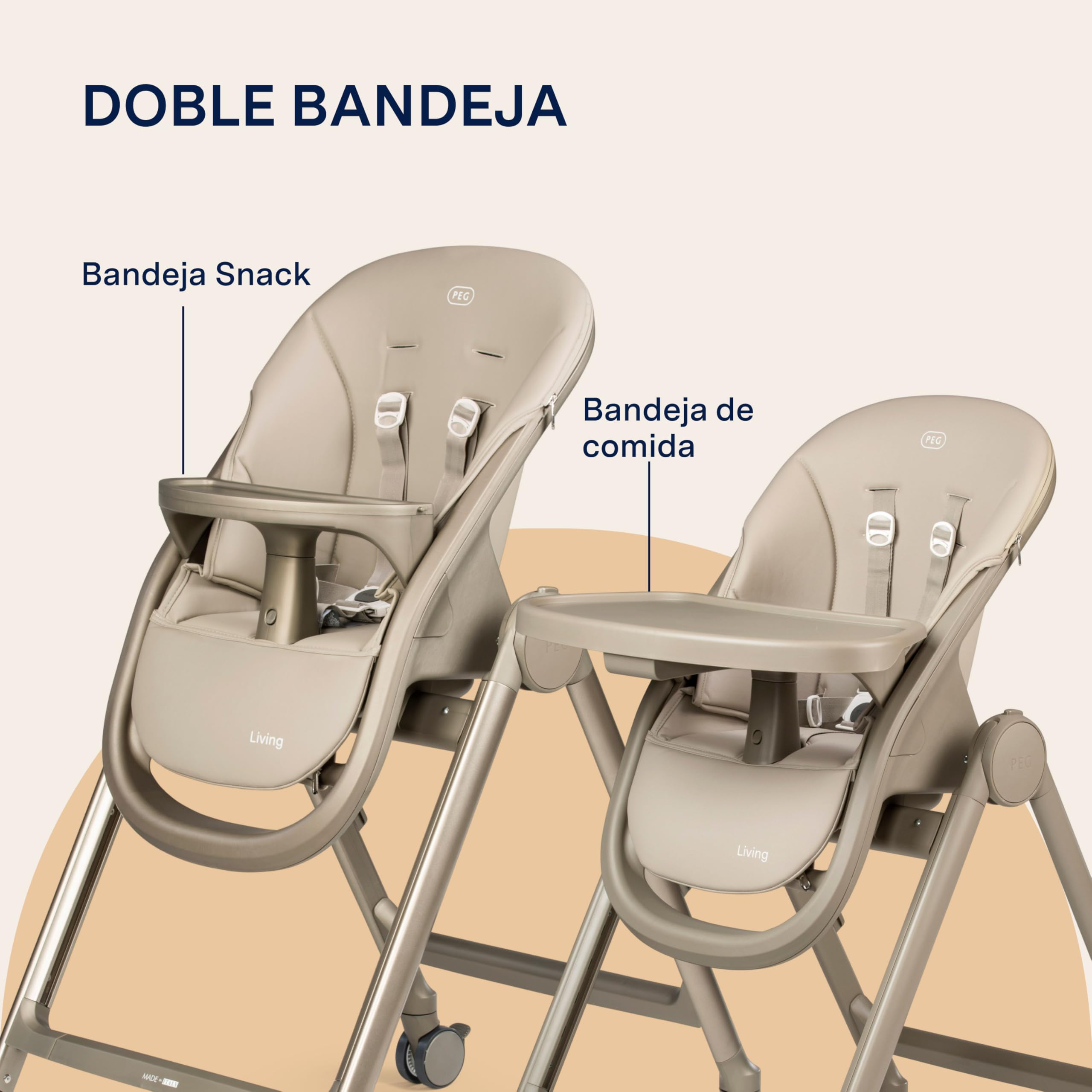 PEG Living Trona desde el Nacimiento, Diseño Contemporáneo, Función Hamaca, Altura Regulable, Bandeja Doble, 4 Ruedas 360°, Cierre Compacto, 0–3 Años (0–15 kg), Space Sand