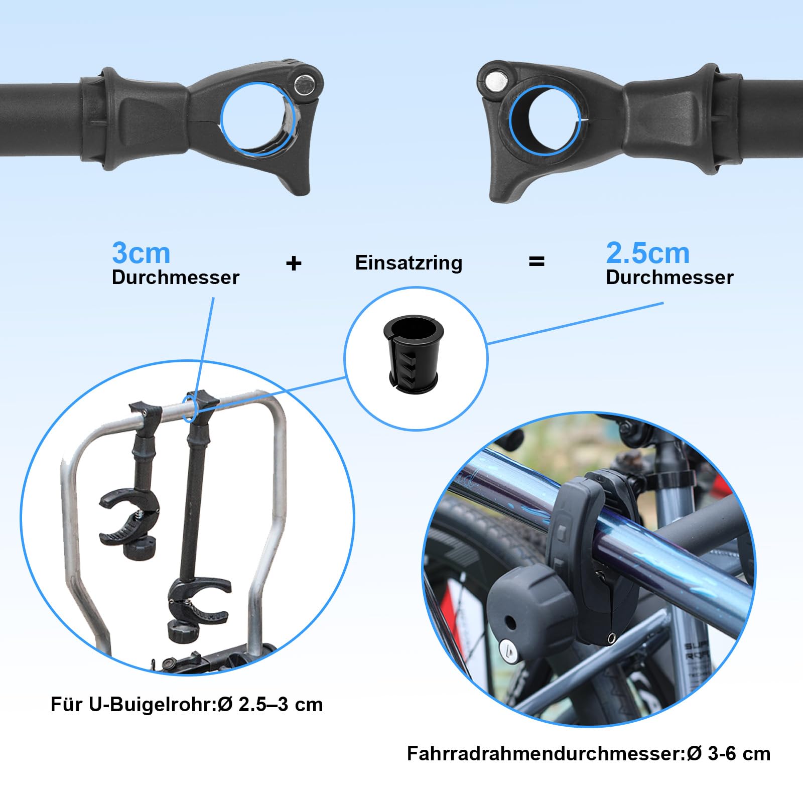 Rahmenhalter 3 Pack, Fahrradhalterung Bike Holder 3 Fahrradträger Fahrradhalter Befestigung Klemme Reisemobil Rad, abschließbar, für U-Bügelrohr, 25CM+32CM+45CM Länge