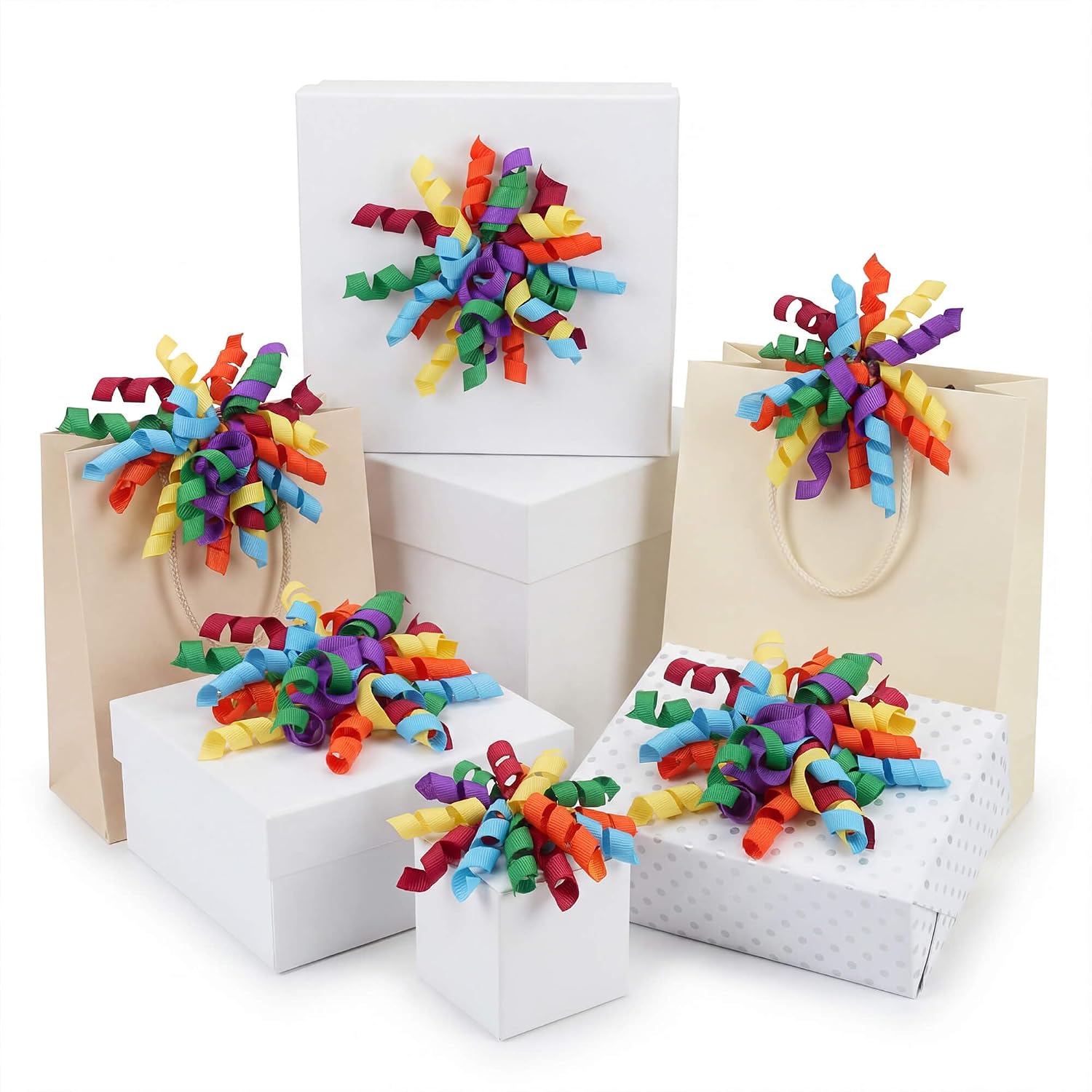 YKW Rainbow Curly Gift Bows for Wrapping - 6 Pack Large 4" Self Adhesive Grosgrain Ribbon Bows for Birthday Presents, Kids Party Favors, Celebration & Festive Gift Decorations