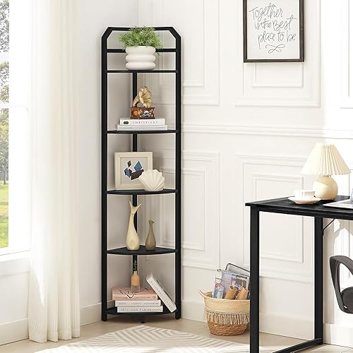 Miniatura 3 de Estantería esquinera industrial de 5 niveles, estante esquinero independiente con marco de metal, soporte de esquina abierto para plantas para