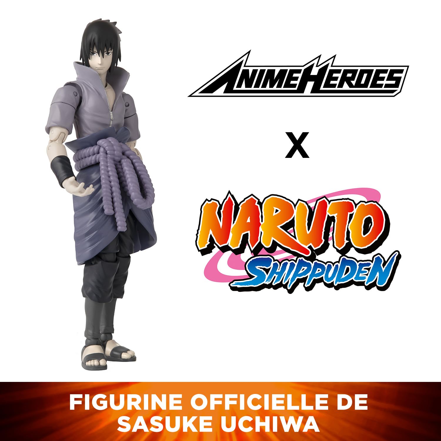Gros plan sur la figurine articulée de Sasuke Uchiwa, mettant en évidence ses accessoires interchangeables.