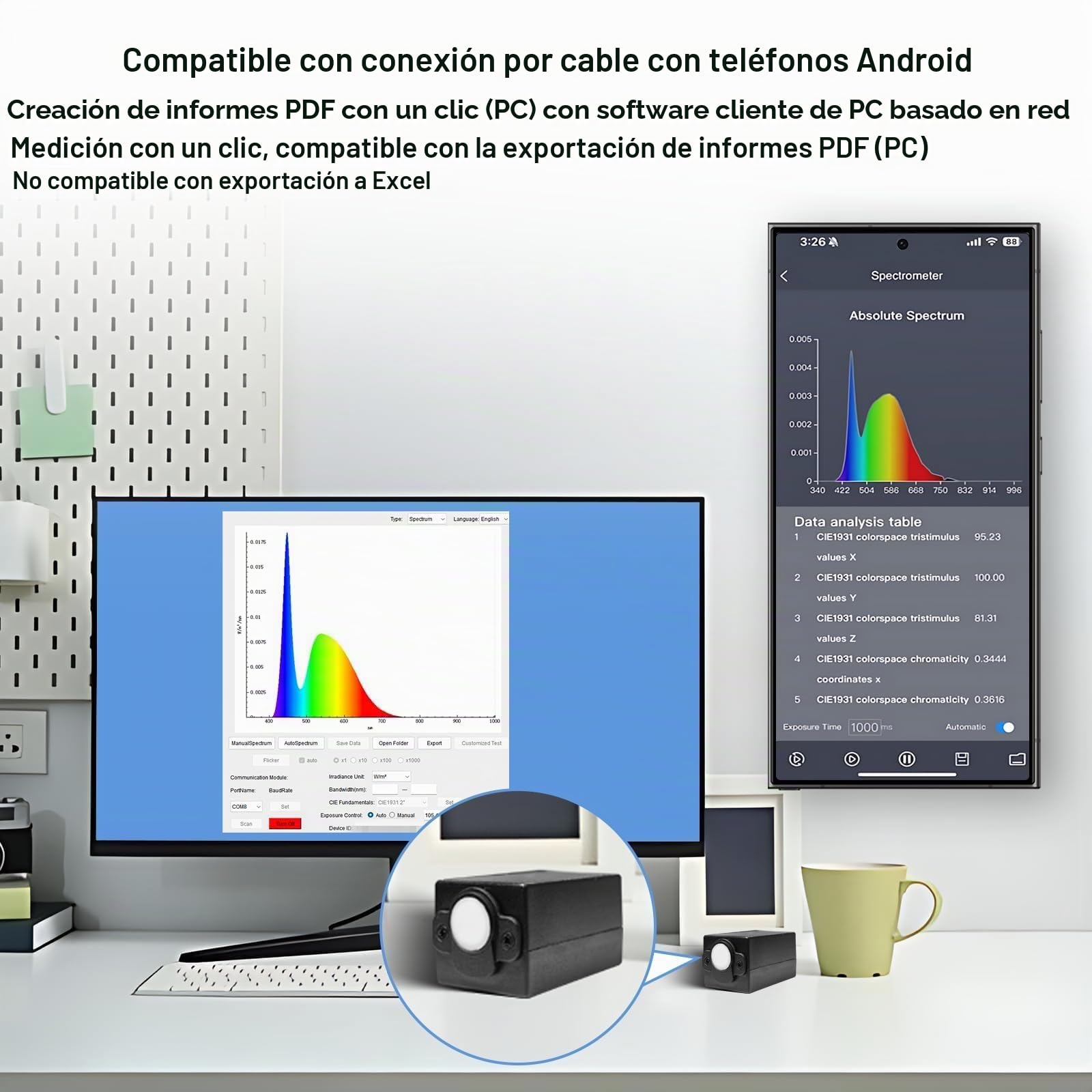 Espectrómetro de Mano para Medición de Luz, 340-1000nm Espectro Portátil-Medidor de Iluminación, Análisis en Tiempo Real de CCT-CRI-PAR-PPFD, Probador de Luz LED para Plantas con APP y Software para P