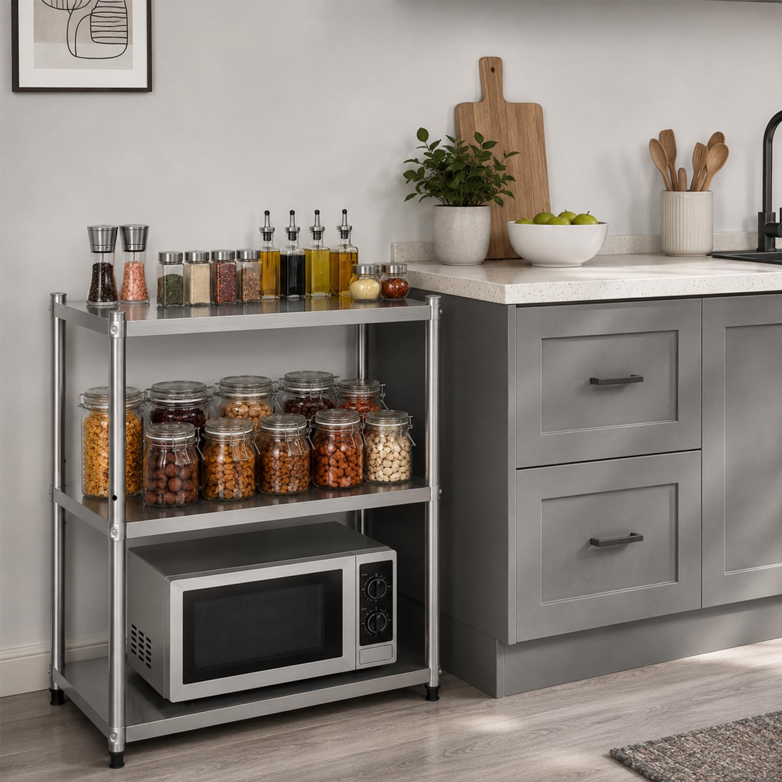 Scaffalatura a 3 ripiani in acciaio inox, multiuso, in metallo, moderno e piccolo scaffale per microonde, supporto per piante, per cucina, soggiorno, ufficio, garage, patio (79 cm x 59 cm x 35 cm)