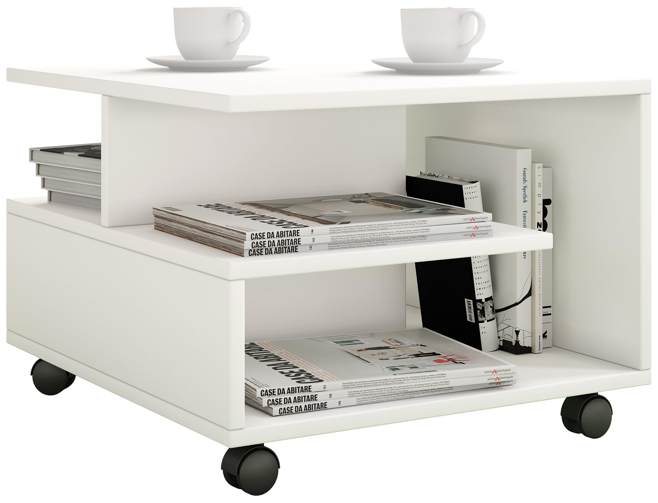 VCM Holz Couchtisch Sofatisch Wohnzimmertisch Rollen rollbar Kaffeetisch Stango S Weiß