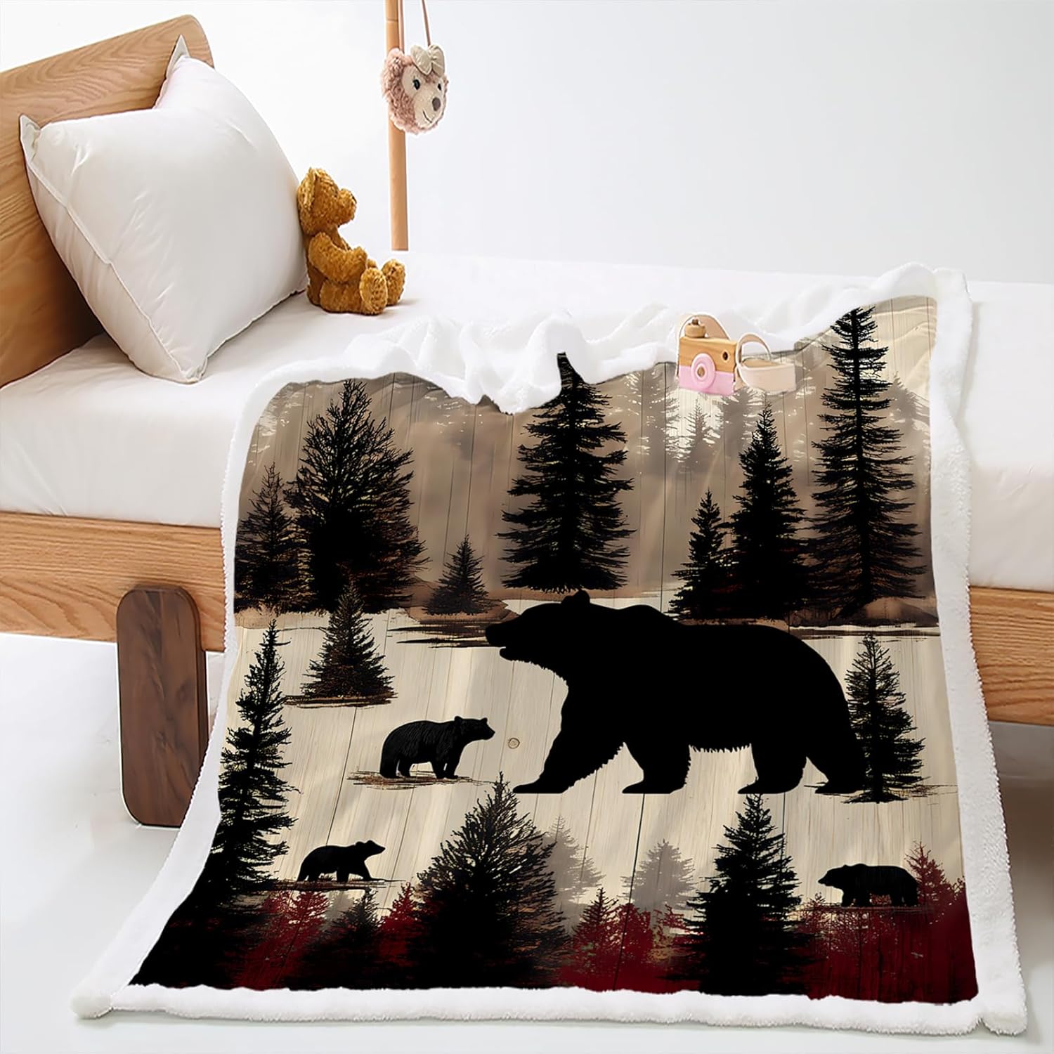 AILONEN Black Bear Sherpa Fleece Blanket,Wildlife Forest Rustic Sherpa Throw Blankets for Girls Boys Kids Gifts,Hunting Theme Fleece Blanket,Lightweight Decor for Sofa, 78 x 59 Inches