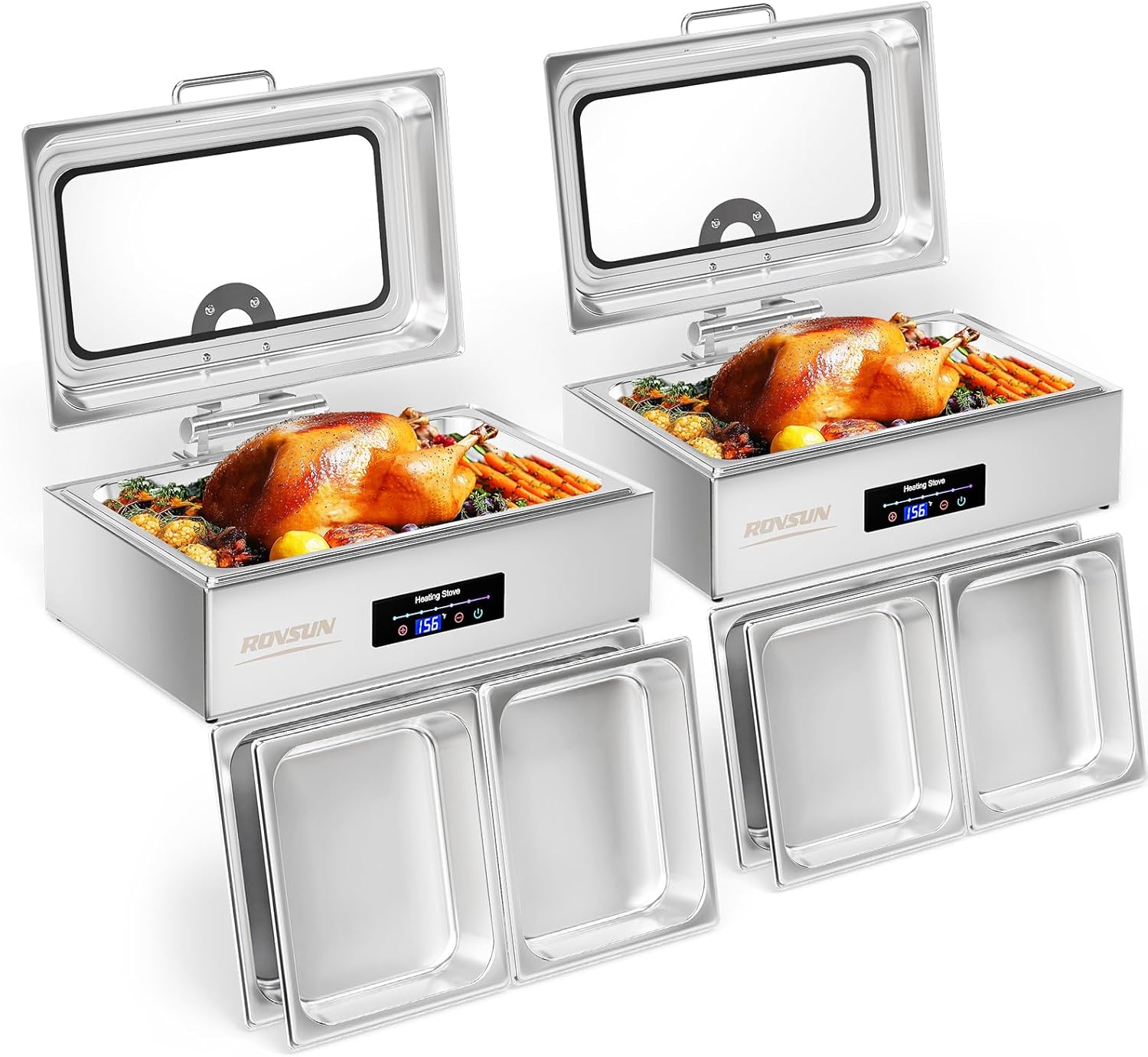 ROVSUN 9QT 2 Pack Electric Chafing Dishes for Buffet, Roll Top Chafing Dish Buffet Set with Temperature Control Display & Glass Window, Stainless Steel Chafers with Full & Half Size Pan for Party