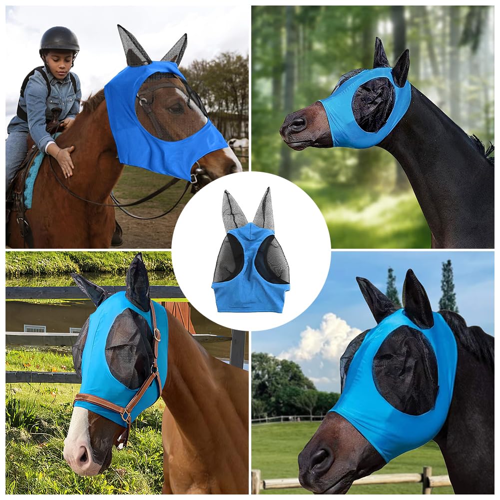 Maschera Anti-Mosche per Cavallo UV Protezione, Maschera Cavallo Antimosche,Maschera per mosche a cavallo,Leggera e Traspirante,con para Orecchie,per la Protezione del Cavallo,Blu