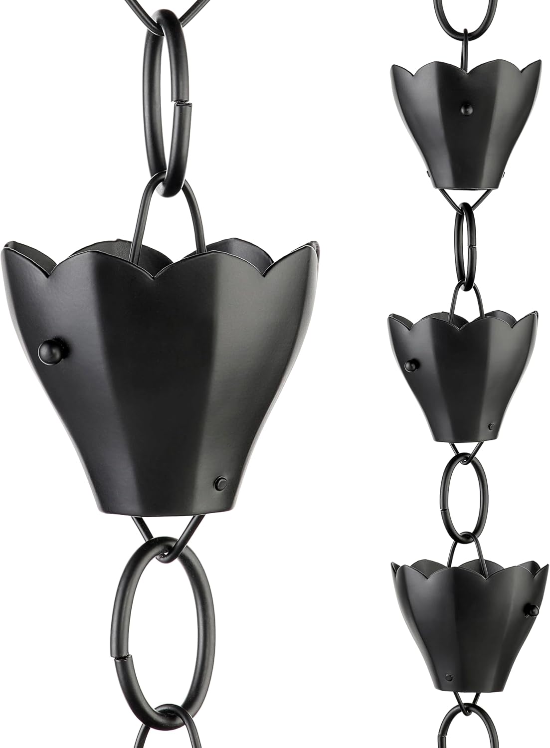 13 Cup Tulip Black Aluminum 8.5 ft. Rain Chain with Gutter Installation Clip by Good Directions
