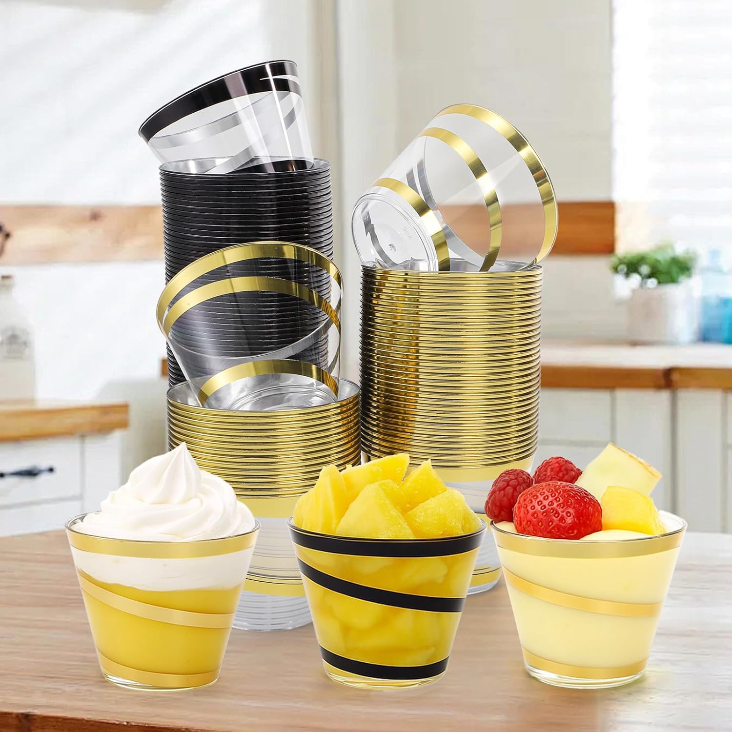 100 Pack 9 OZ Clear Plastic Cups with Gold Rim, Disposable Rimmed Swirl Cocktail Party Cup, Heavy Duty Elegant Wine Glasses, Drinking Tumbler for Weeding Christmas Single Party (Black, Gold)