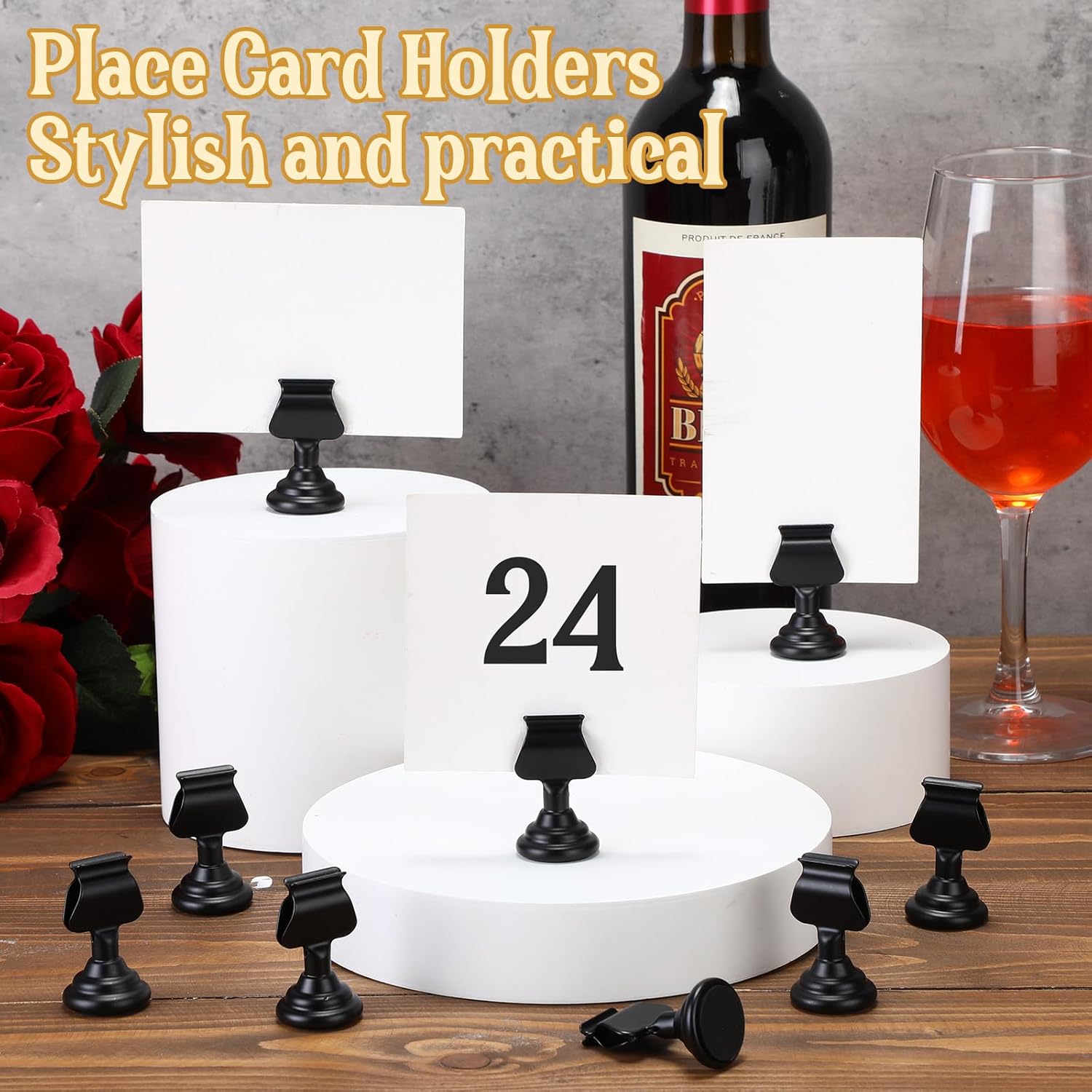 Kathfly 24 Pcs Wedding Table Number Holders 1.7 Inch Metal Black Mini Place Card Holders Bulk Harp-clip Table Sign Stands Card Holder Display Picture Memo Notes Menu for Restaurants Birthday Decor