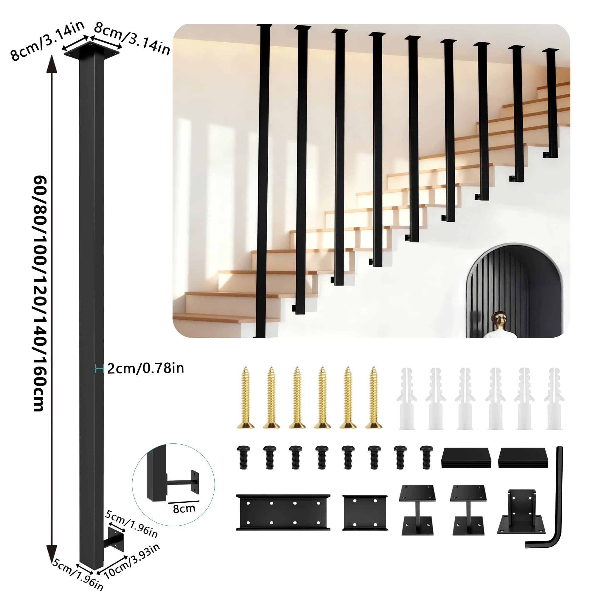 Treppengeländer Innen Außen, Handlauf Geländer Treppe Metall Schwarz, L Form Matt Geländerpfosten, Wandhandlaufe, Handläufe für Treppen Spleißbar, Treppenhandlauf für Dachböden Decke Flure160cm/62.9IN