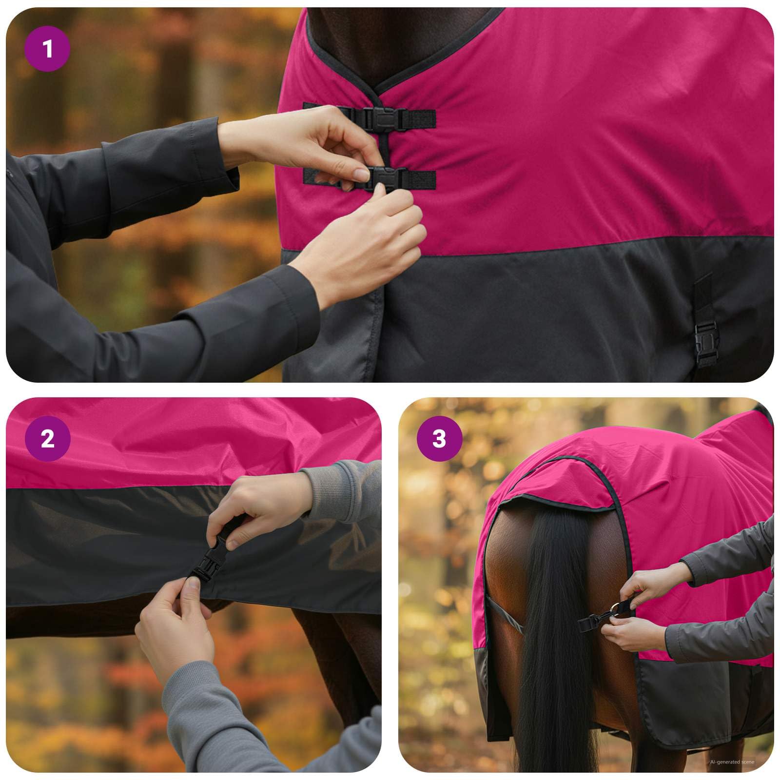 Manta de poliéster para caballo, color verde oscuro y negro, impermeable y transpirable, con solapa de cola, cierre ajustable, para establo, pasto, paddock y transporte