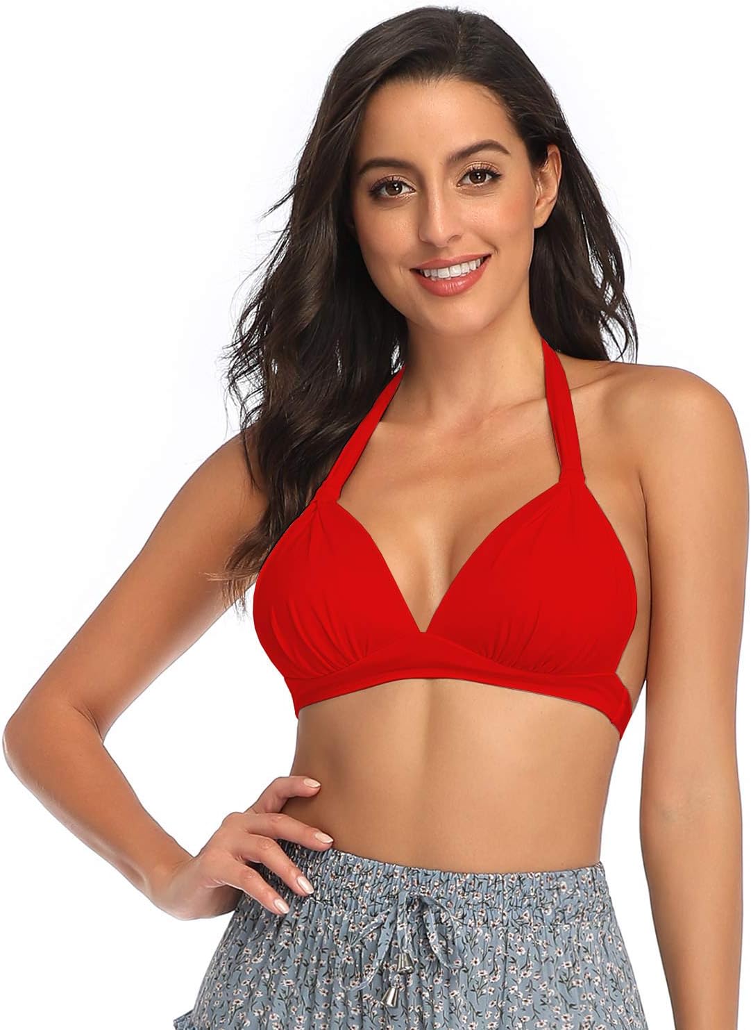 Women's Retro 50s Plaid Pattern Polka Dot Halter Molded Soft Pads Vintage Bikini Swimsuits Tops - Image 2