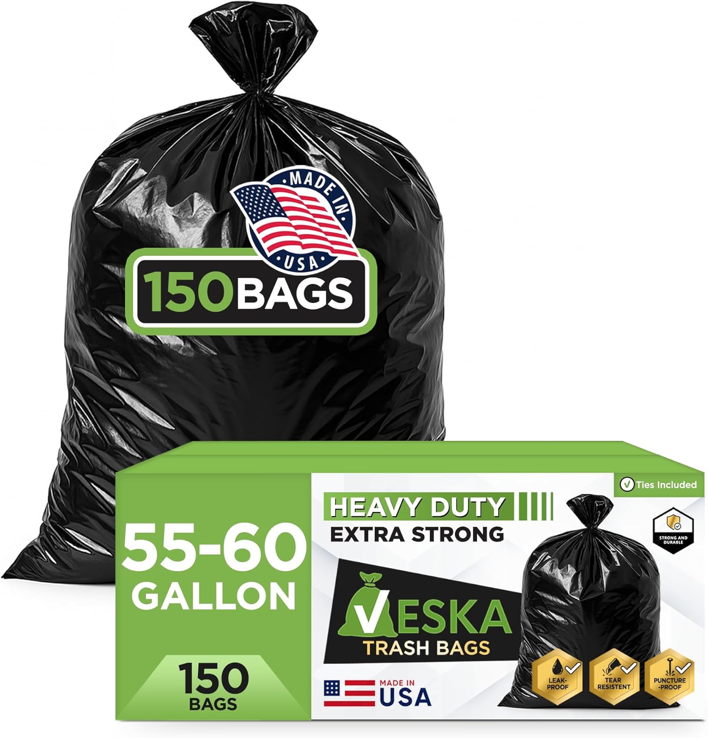 Veska 55 Gallon Trash Bags, 55-60 Gallon Trash Bags Heavy Duty (MegaValue Pack 150 COUNT) - Large Black Garbage Bags, 50-60 Gallon Garbage Bags for Commercial and Lawn