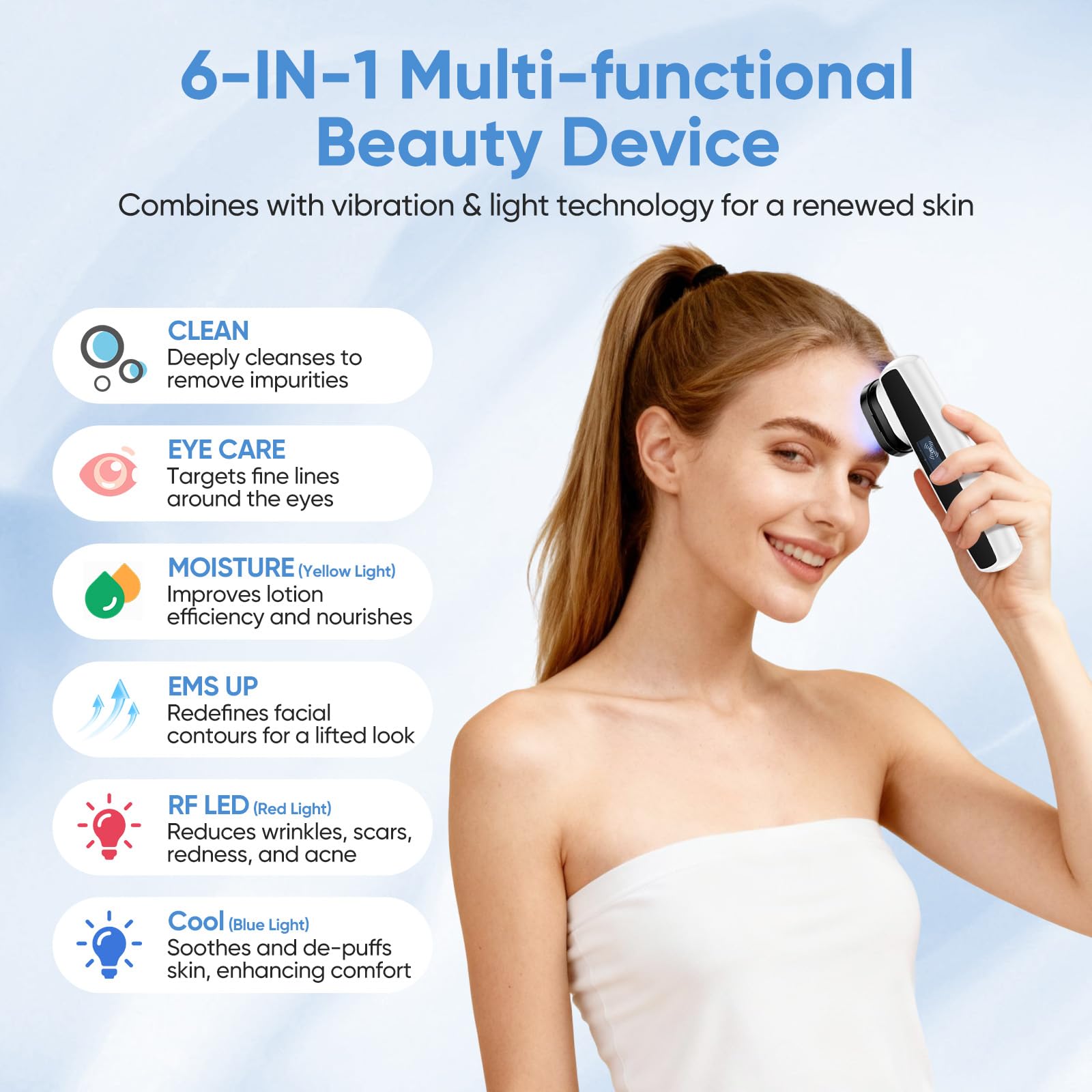 Dispositivo de cuidado de la piel RF 6 en 1, máquina de belleza facial LED 5 niveles de intensidad, Dispositivo de belleza de radiofrecuencia para rostro, vientre, cuello, piernas y brazos