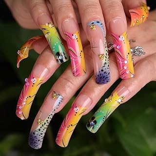 Handmade Press on Nails with Designs, 20PCS Long Curved Square Fake Nails 3D Water Droplets Gold Bead Flower Charms French Tip Leopard False Nails for Women Girls with Jelly Gel & Nail File