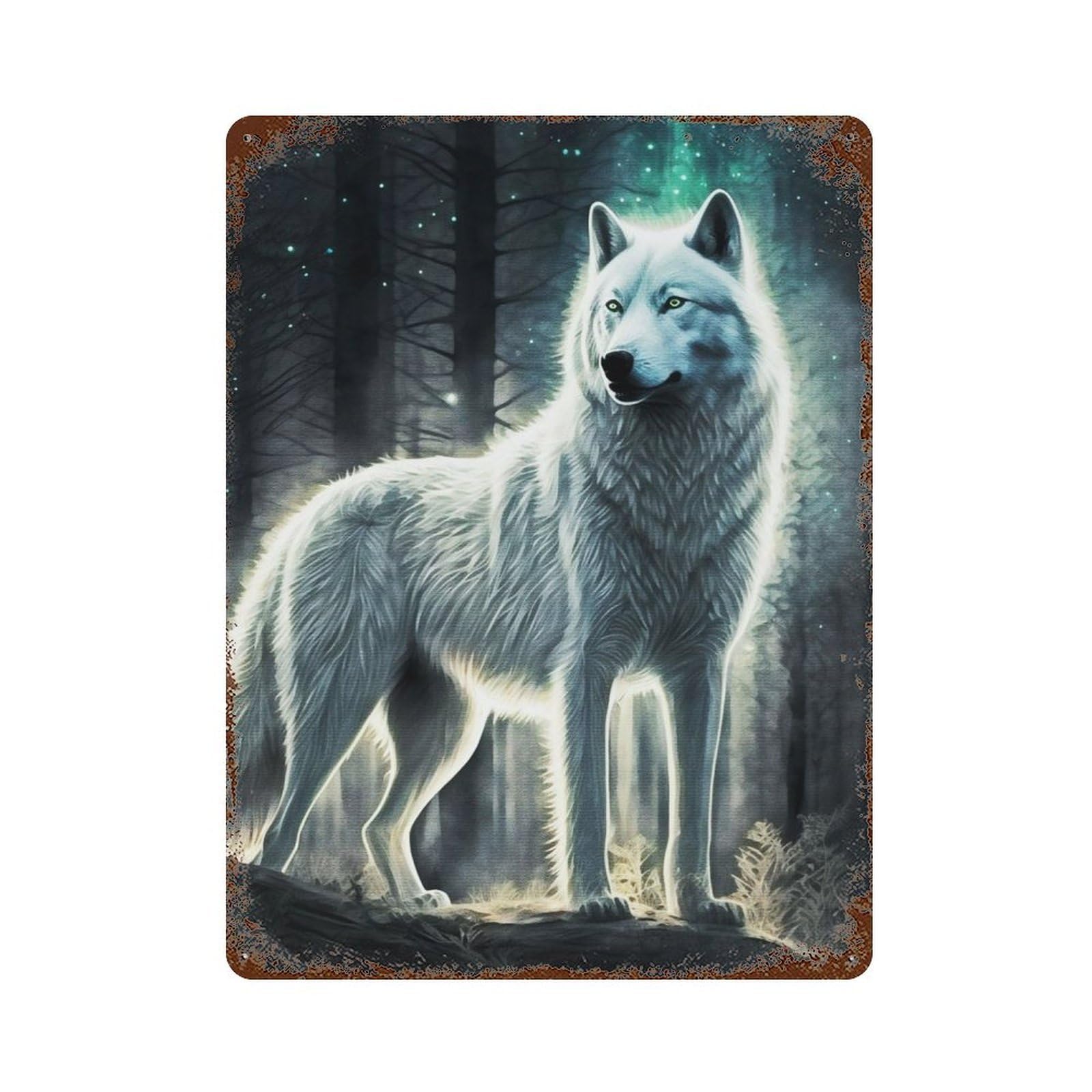 White Wolf 15.7"x11.8" Rusty Metal Tin Sign, Novelty Wall Decor for Cafe, Home Bar And Lounge Decor