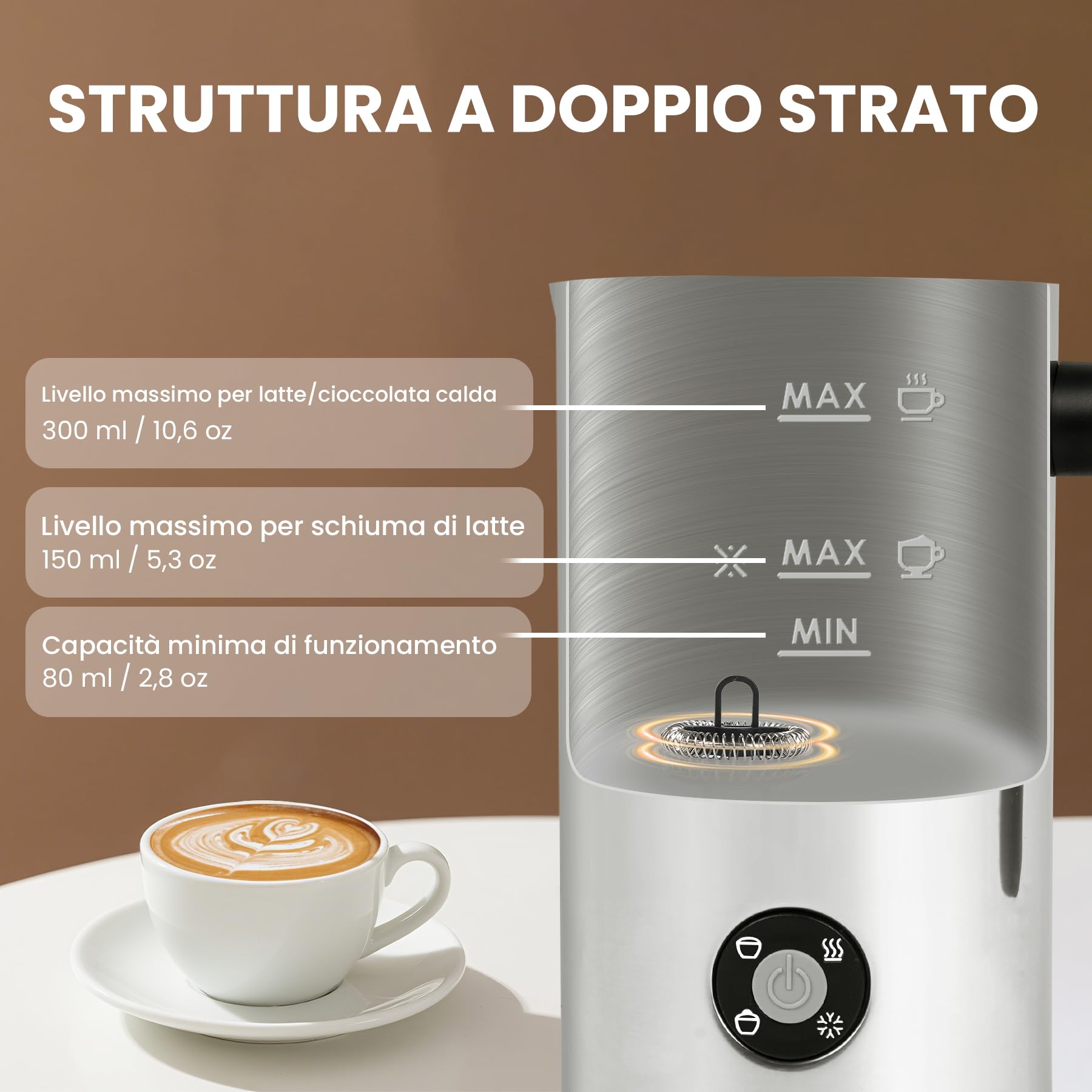 Montalatte Elettrico 4 in 1, Scaldalatte per Calda e Fredda in Acciaio Inossidabile per Cappuccinatore，Caffè, Cioccolata 300ML