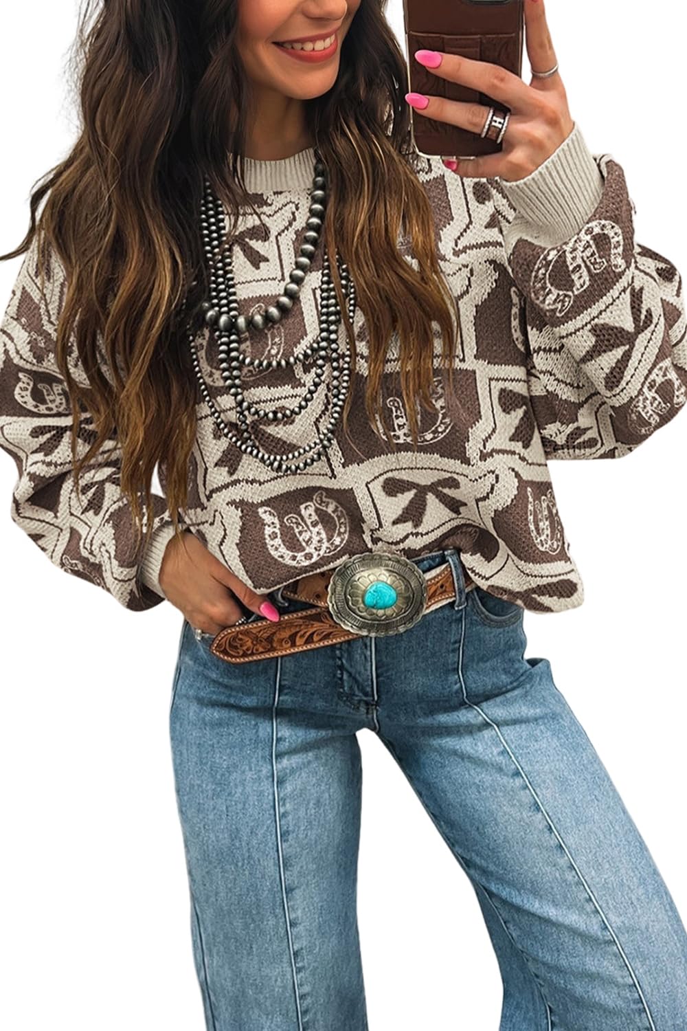 Womens Crewneck Western Sweater Casual Bow Horseshoes Pattern Long Sleeve Knitted Shirts Tops