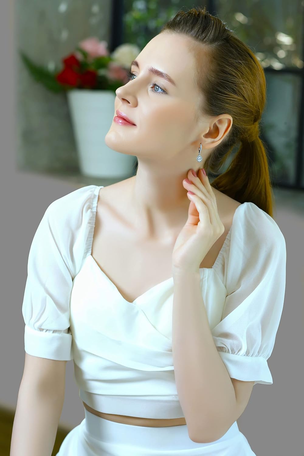 Sterling Silver Genuine or Synthetic Gemstone Halo Teardrop Dangle Leverback Earrings for Women Bridesmaids - Image 4