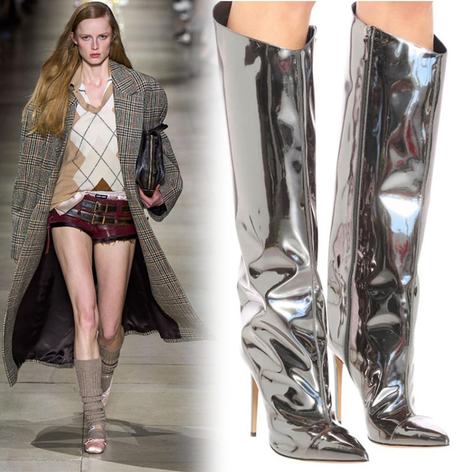 12CM / 4.72IN Sexy Bout Pointu Stiletto en Cuir Verni Discothèque Catwalk Étape Bottes Hautes sur Le Genou Grande Taille Côté Zipper Performance Bottes